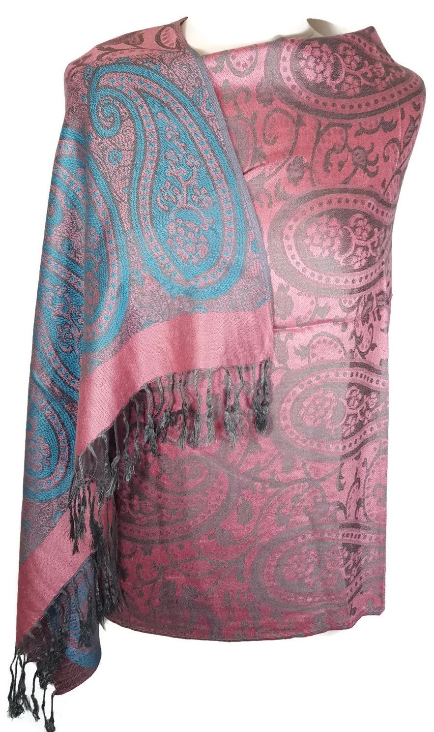 World of Shawls Ladies Floral Paisley Bordered Pashmina Feel Shawl Scarf Wrap Stole Luxuriously Warm Soft and Silky Touch (Dusky Pink/Turquoise)