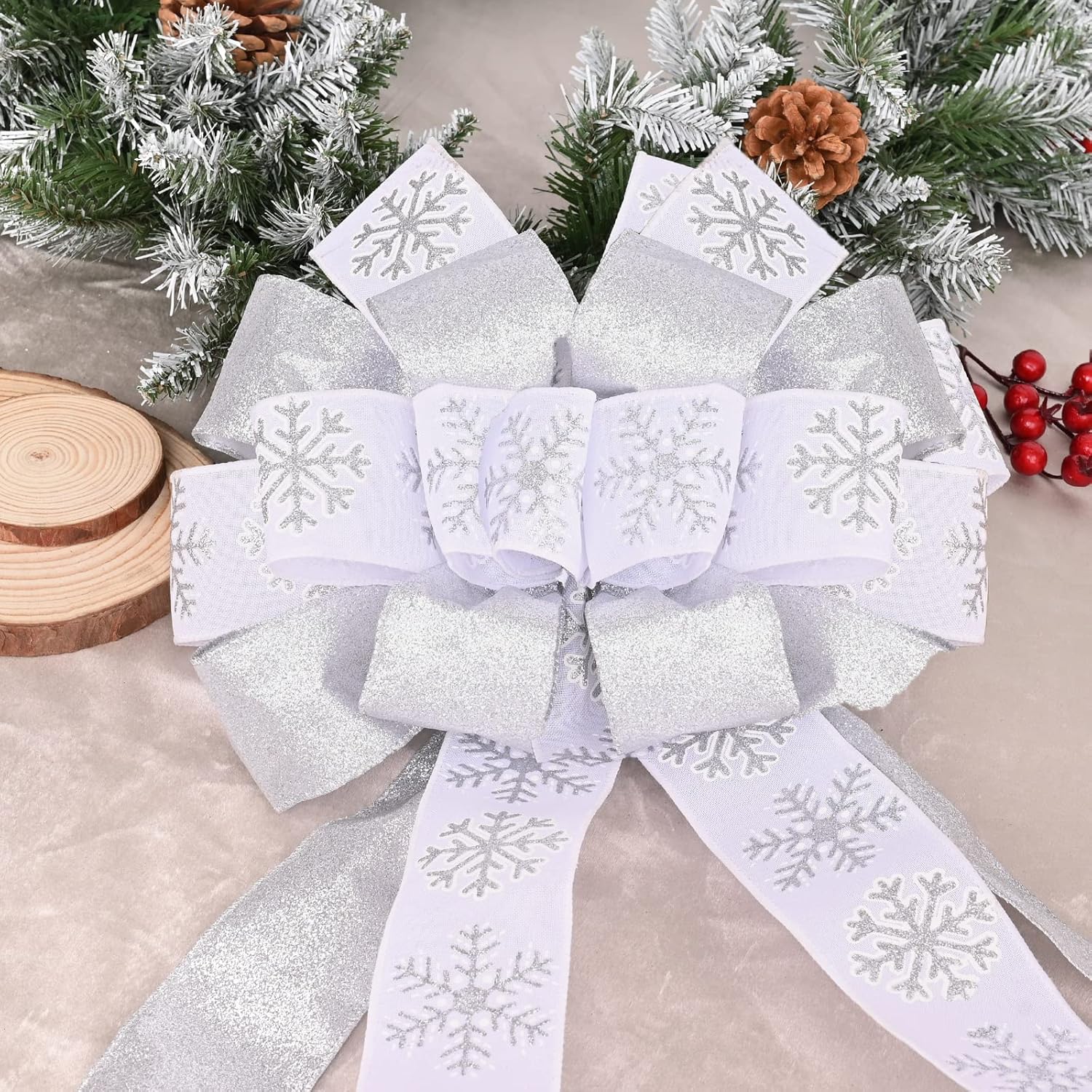 Christmas Tree Topper with Streamers, 48x13 Inches Large Toppers for Xmas Home Decor, Silver Polyester Decorative Bow for Christmas Decoration - Image 4