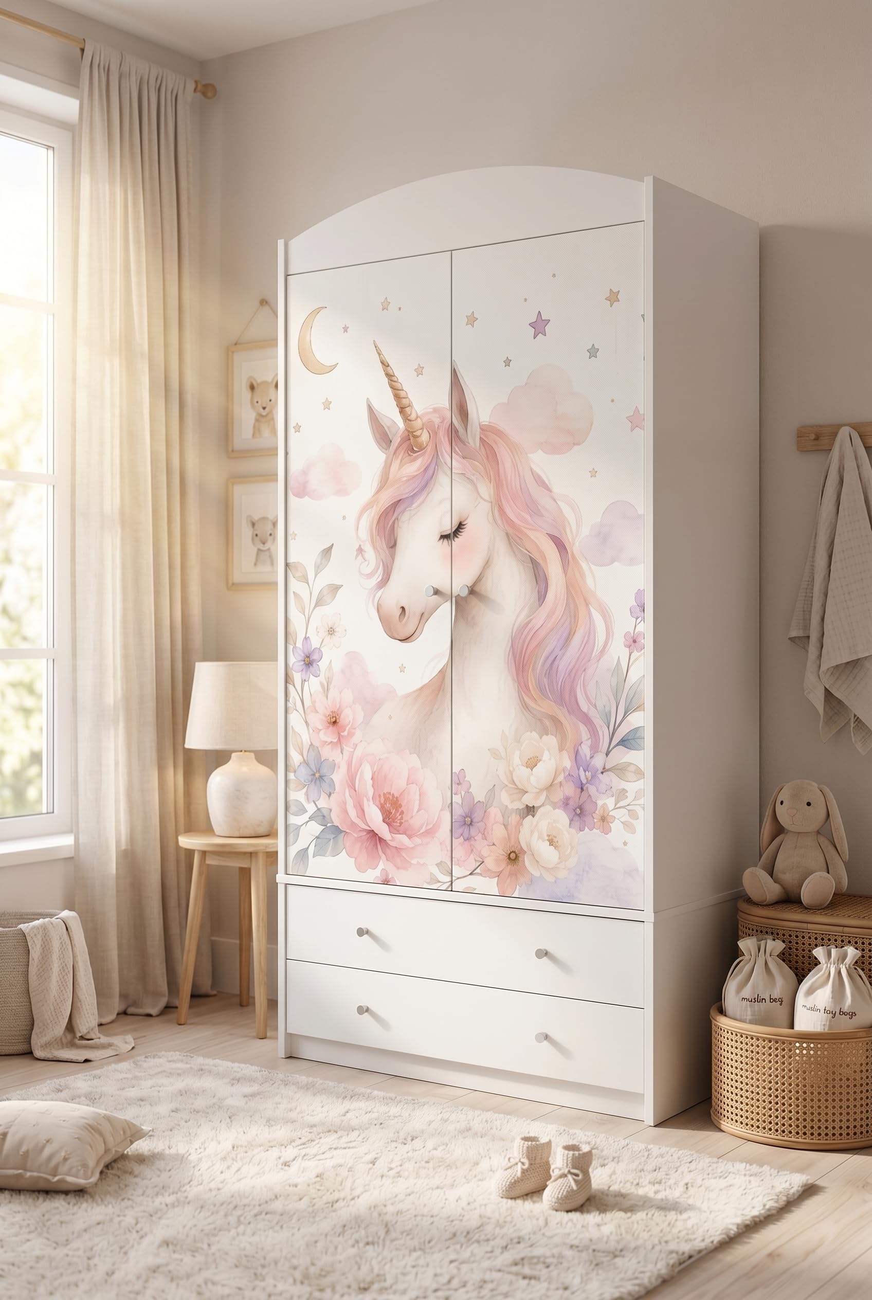 Happy Babies Kinderkleiderschrank mit bezauberndem Motiv – 2-türiger Schrank für Kinderzimmer inkl. 2 Schubladen, Kleiderstange & Einlegeböden, Weiß (88x187x54 cm) (Nr 452)