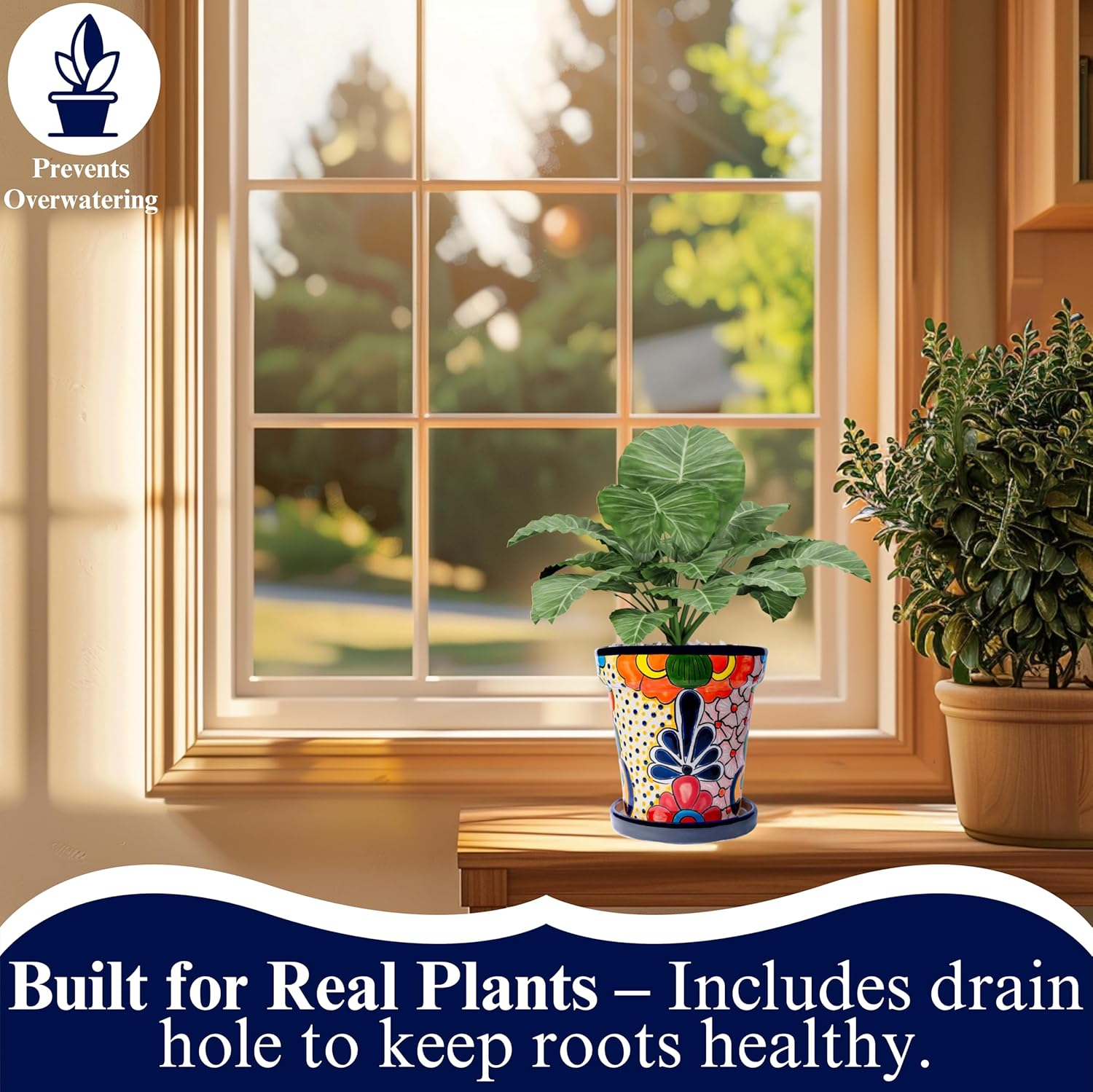 Mexican Pottery Planters - Talavera Planter - Mexican Yard Pottery - Ceramic Pots for Plants Indoor & Outdoor with Drainage Hole and Saucer - 7” W x 7” H (Cobalt Blue-Big)