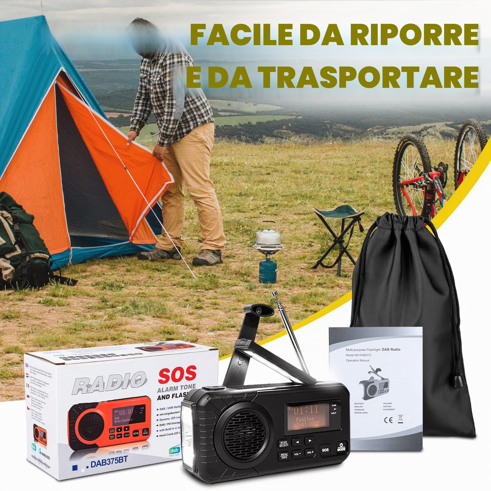 Radio Digitale DAB/FM Batteria da 4000mAh Radio di Emergenza Solare con Funzione di Ricarica Mobile USB Radio da Campeggio con Torcia a LED Lampada da Lettura Allarme SOS Manovella Portatile