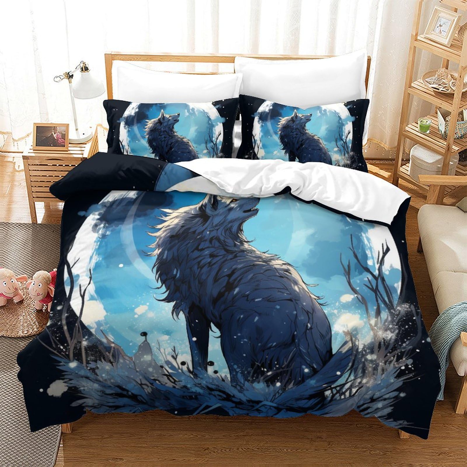 Housse de couette loup microfibre respirante et taies d'oreiller king