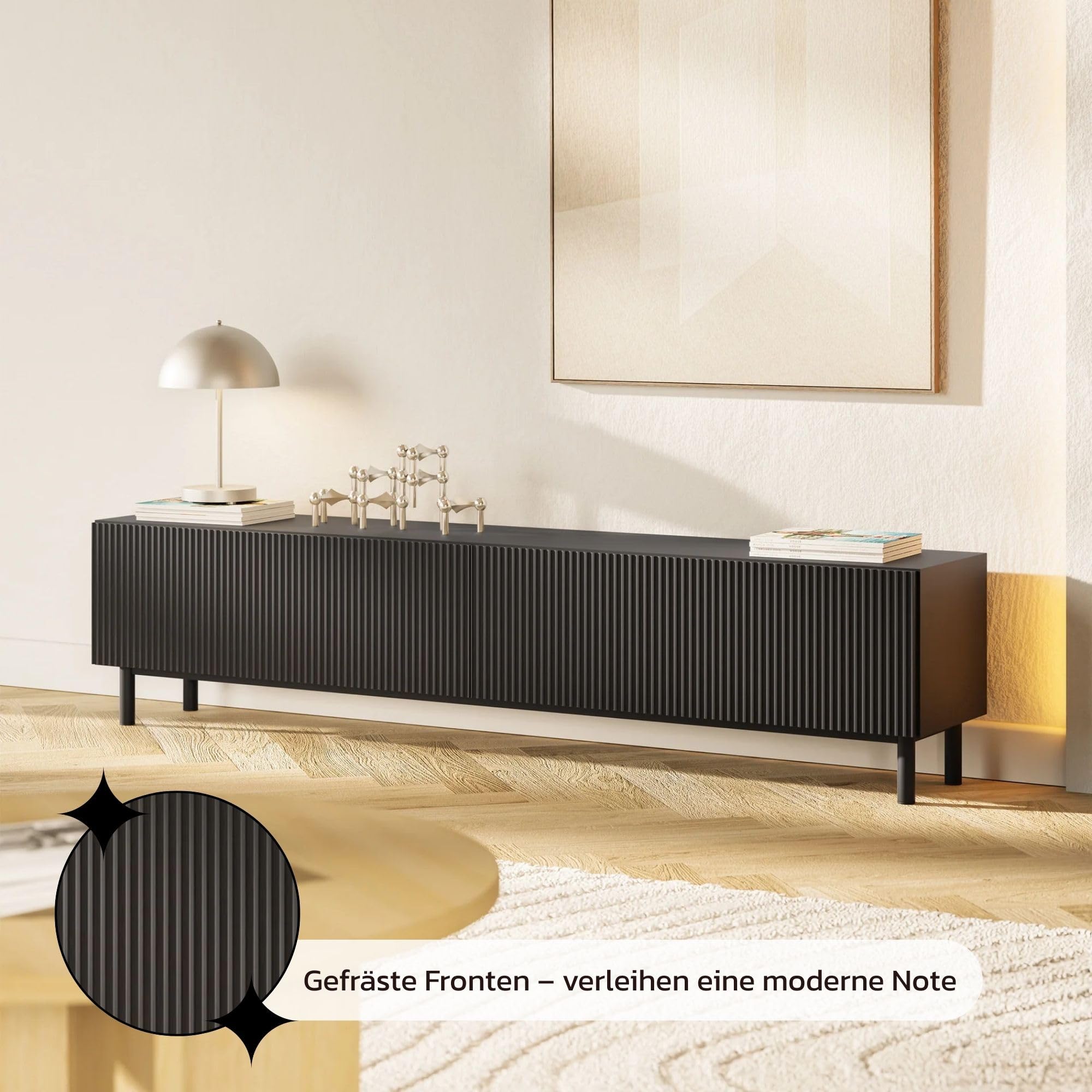 Selsey TV Schrank Mit Gefräster Front, 175 cm, Schwarz – Elegantes TV Board Für Wohnwand Wohnzimmer, Moderner Look Mit Metallfüßen, Praktische Staufächer, Selbstmontage
