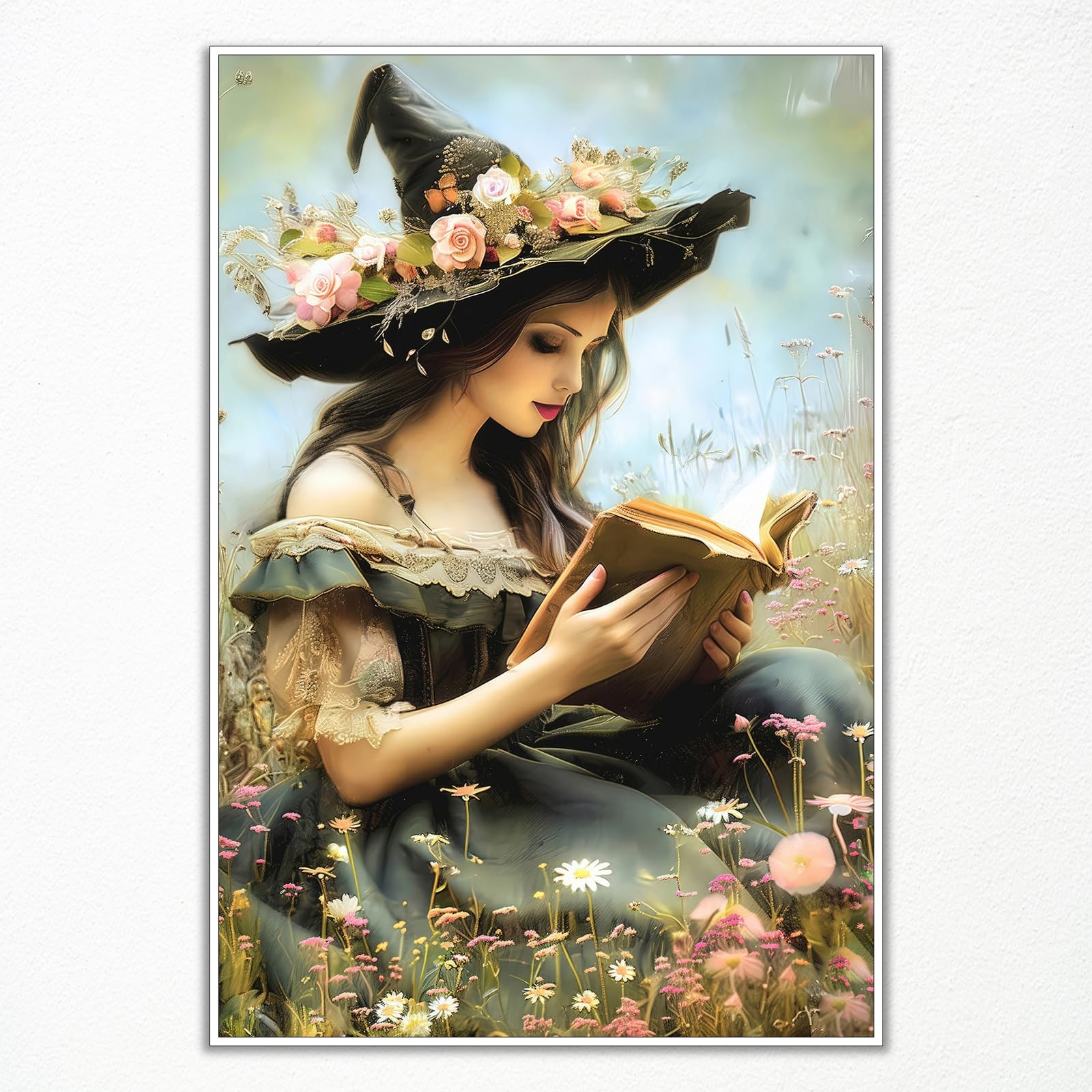Perasi Spring Witch Reading Book Canvas Wall Art Book Poster Spring Witchy Prints Painting Gothic Library Artwork Bookish Wall Decor 12x16in Unframed