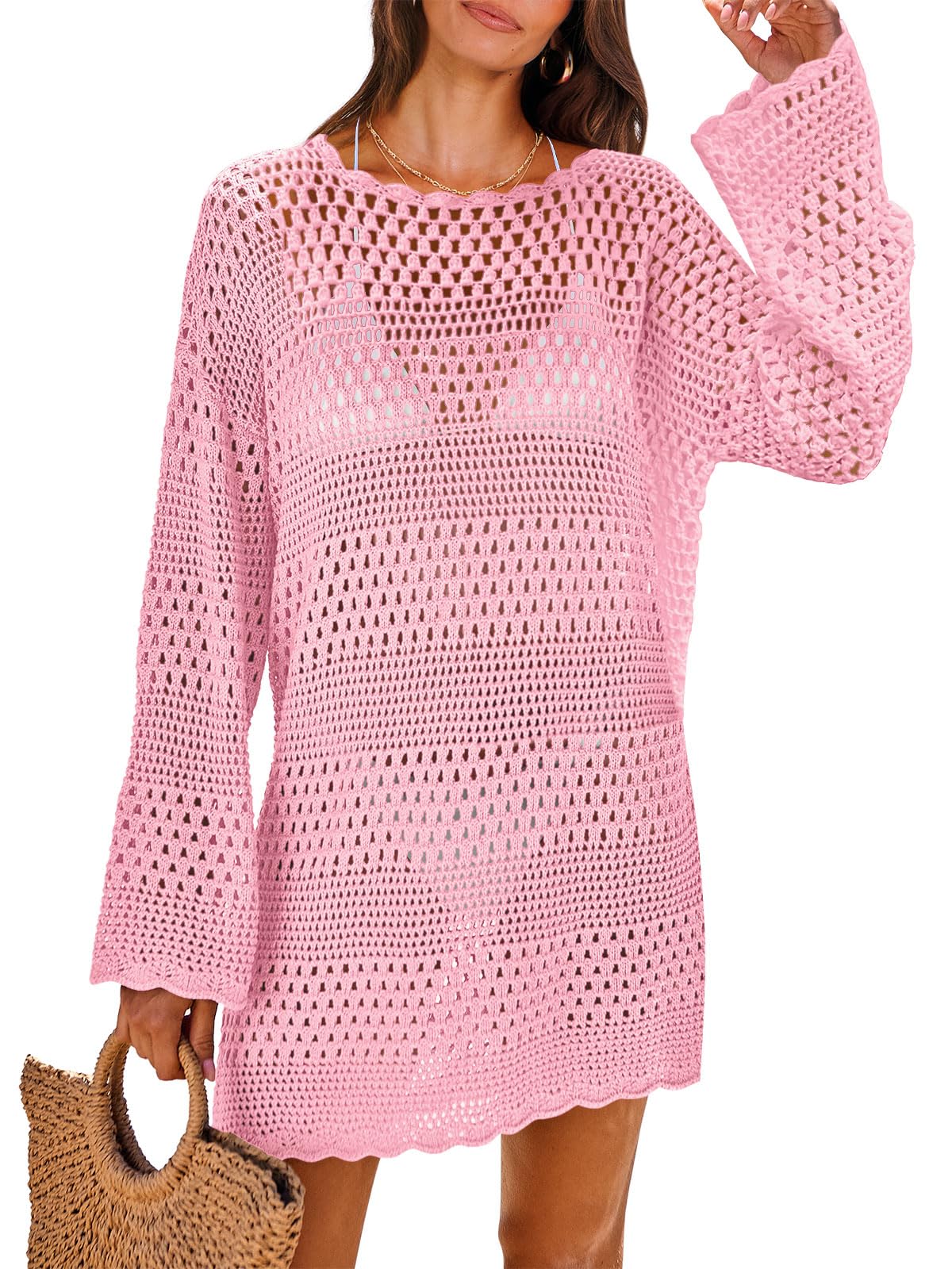 ANRABESS Women Swimsuit Cover Up Beach Crochet Bathing Suit Mini Dress