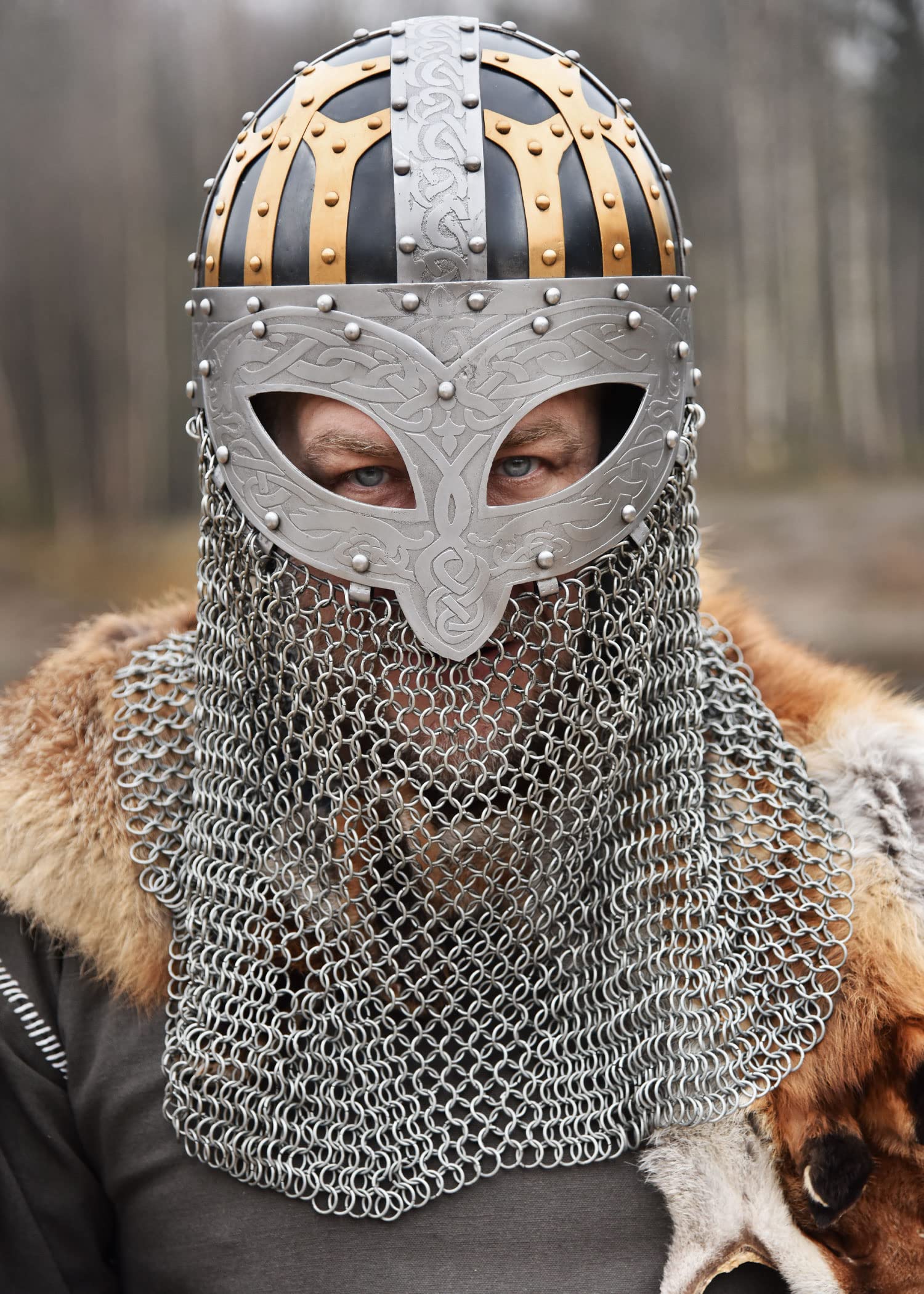 Battle-Merchant Wikinger Brillenhelm mit Kettenbrünne, mit Lederinlay