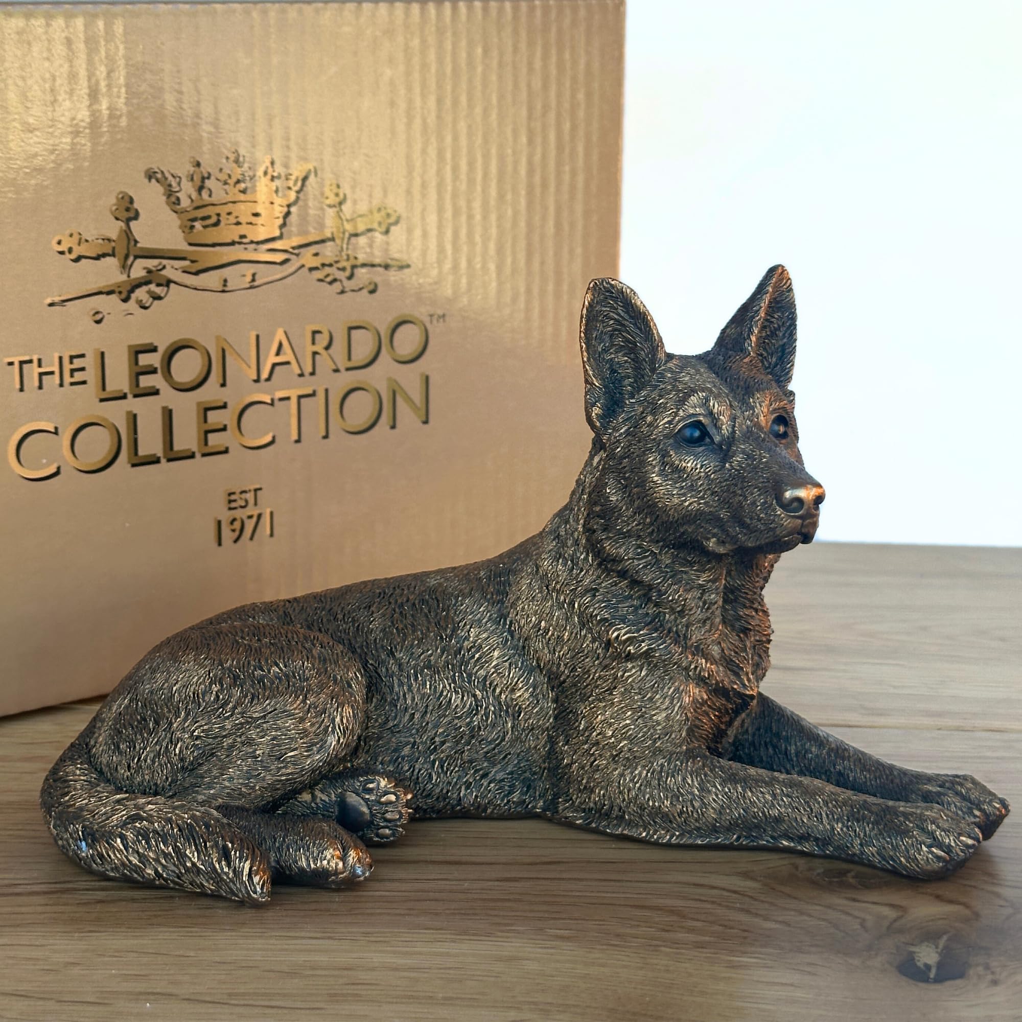 Animal Crackers Laying German Shepherd Dog figurine from the Leonardo Reflections Bronzed range, 18.5cm, gift boxed
