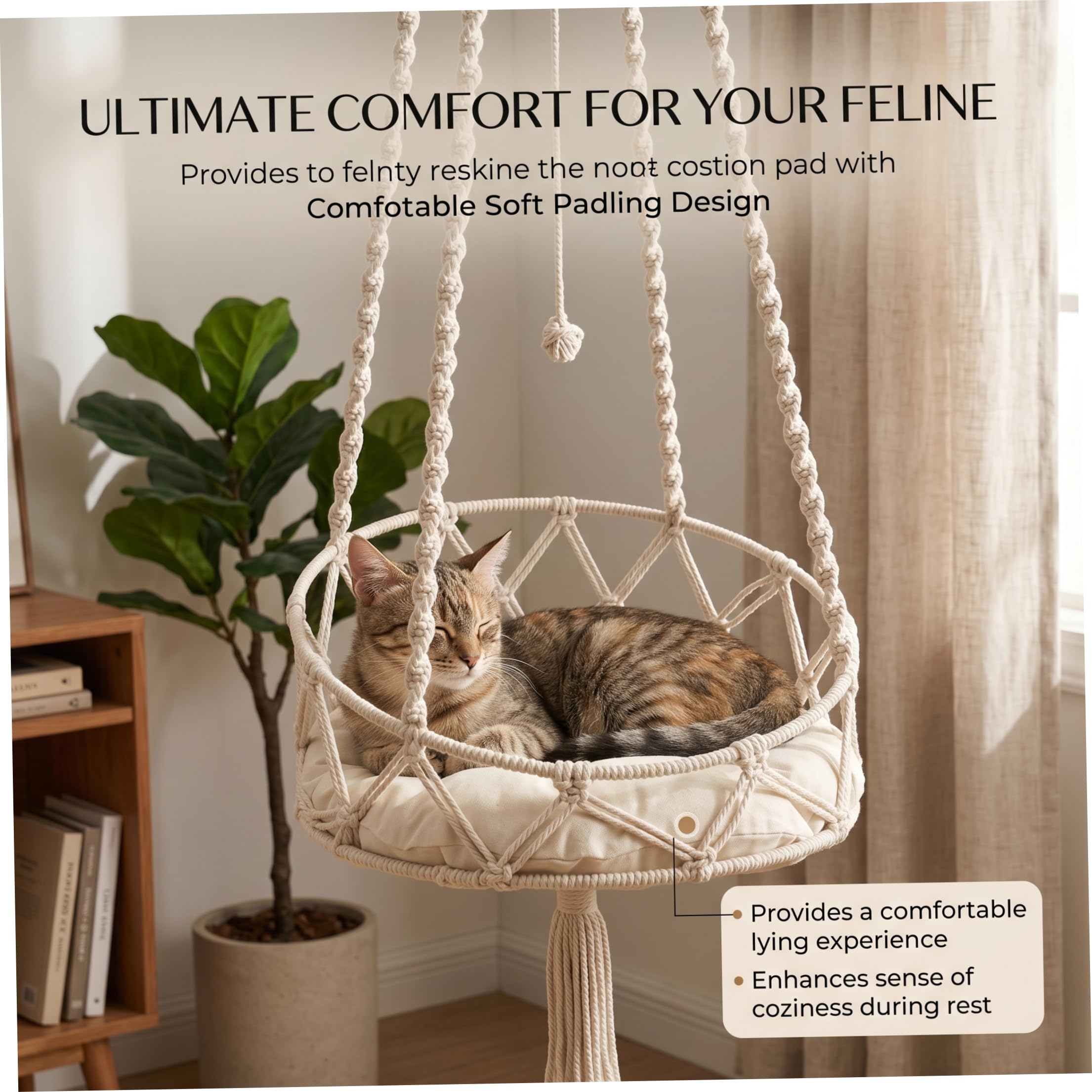 Hängendes Katzenbett, hängende Katzenhängematte, handgewebte Schaukel mit weichem Kissen und Bommel für drinnen und draußen, weiß, Hängematte für Fenster