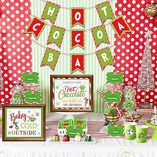 Winter Hot Chocolate Bar Kit Hot Cocoa Bar Banner Christmas Red Green Hot Chocolate Bar Signs Baby It's Cold Outside Toppings Labels Cup Tags Stickers for Wintertime Holiday Baby Shower Birthday Party New Year Decorations