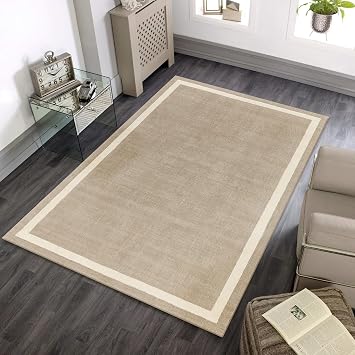 Lord of Rugs Almar Border Wool Rug for Classic Modern Home Living Room Bedroom Lounge Plain Carpet Luxury Area Soft Hand Tufted Rug Sand Beige X-Large 200x300 cm 6'7"x10'