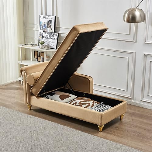 Miniatura 141 de Polibi Tumbona pequeña de 58 pulgadas con cabeza de clavos, moderna tumbona de terciopelo copetuda para sala de estar u oficina, sofá de descanso /