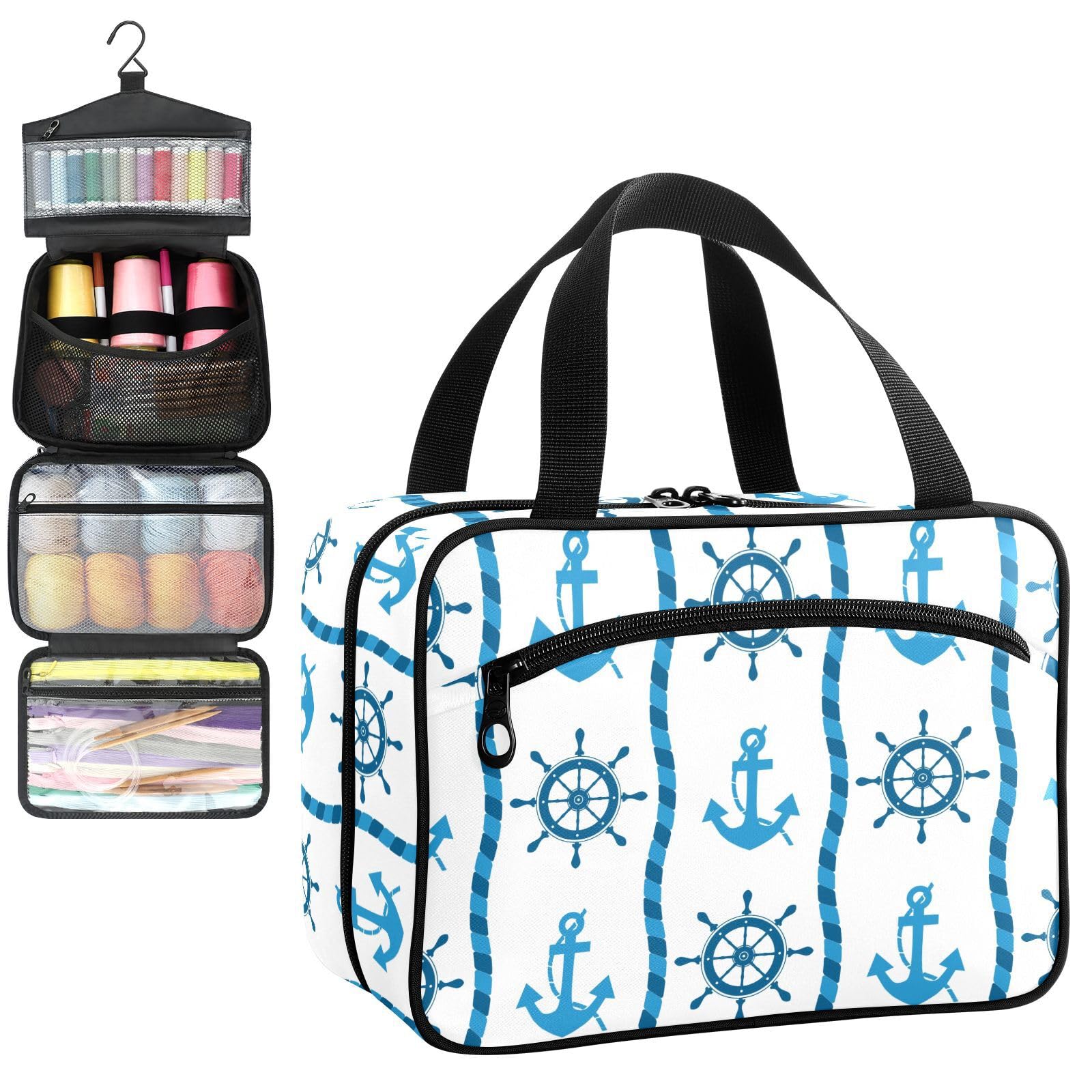 YNNALE Sewing Supply Organizer Bag, Costal Themed Anchor Boat Helm Light Blue Summer Portable Sewing Bags with Pockets&Hanger, Sewing Storage Box Case for Sew Supplies/Kit/Tools/Accessories (BAG ONLY)