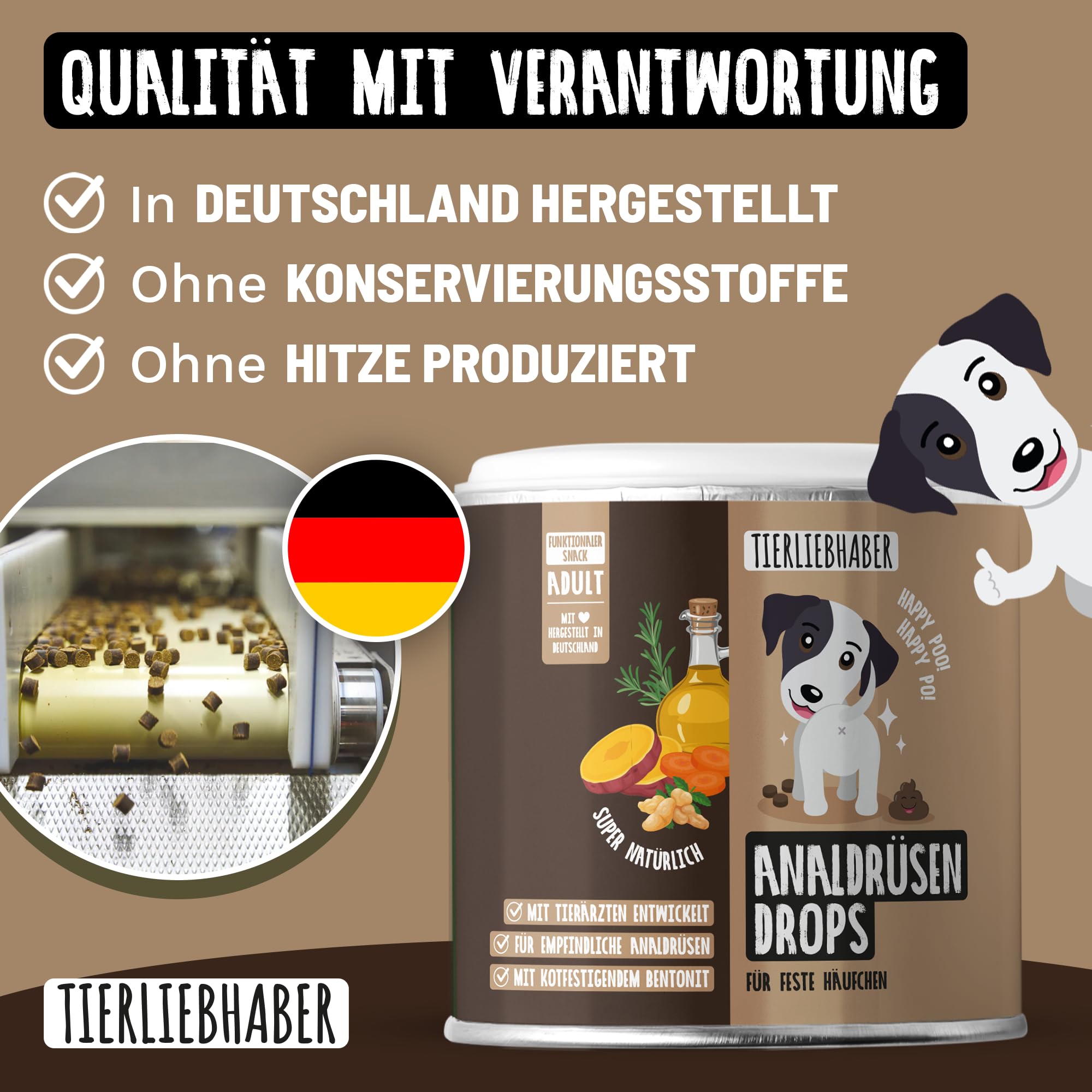 Analdrüsen Hund Drops – Tierärztlich entwickelte Analdrüsen Drops zur Verbesserung der Kotkonsistenz – Mit Bentonit & Flohsamenschalen Hund – Hundefutter Topping für empfindliche Anal-Drüsen – 350g