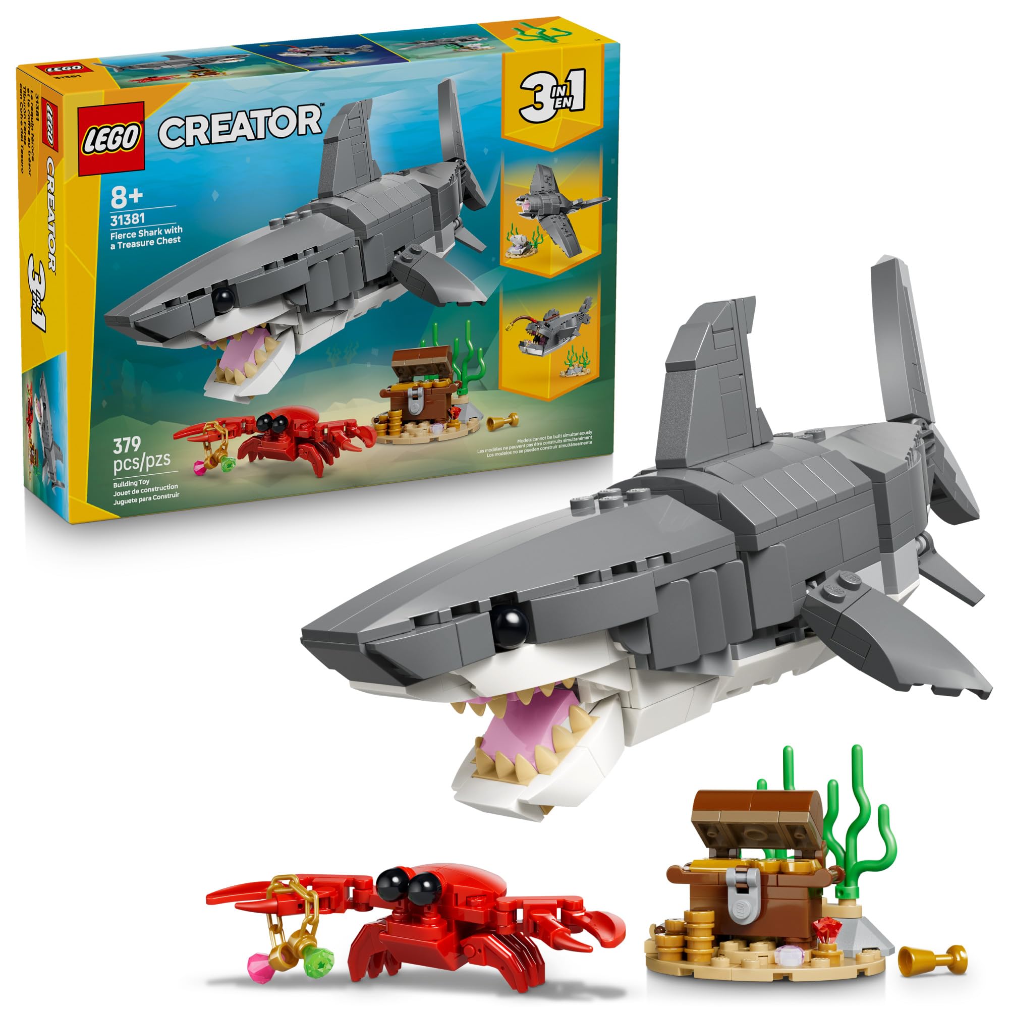LEGO Creator Fierce Shark with a Treasure Chest Building Toy for Boys & Girls - Kids Build a Shark, Fish, or Manta Ray Animal Figure - Bedroom or