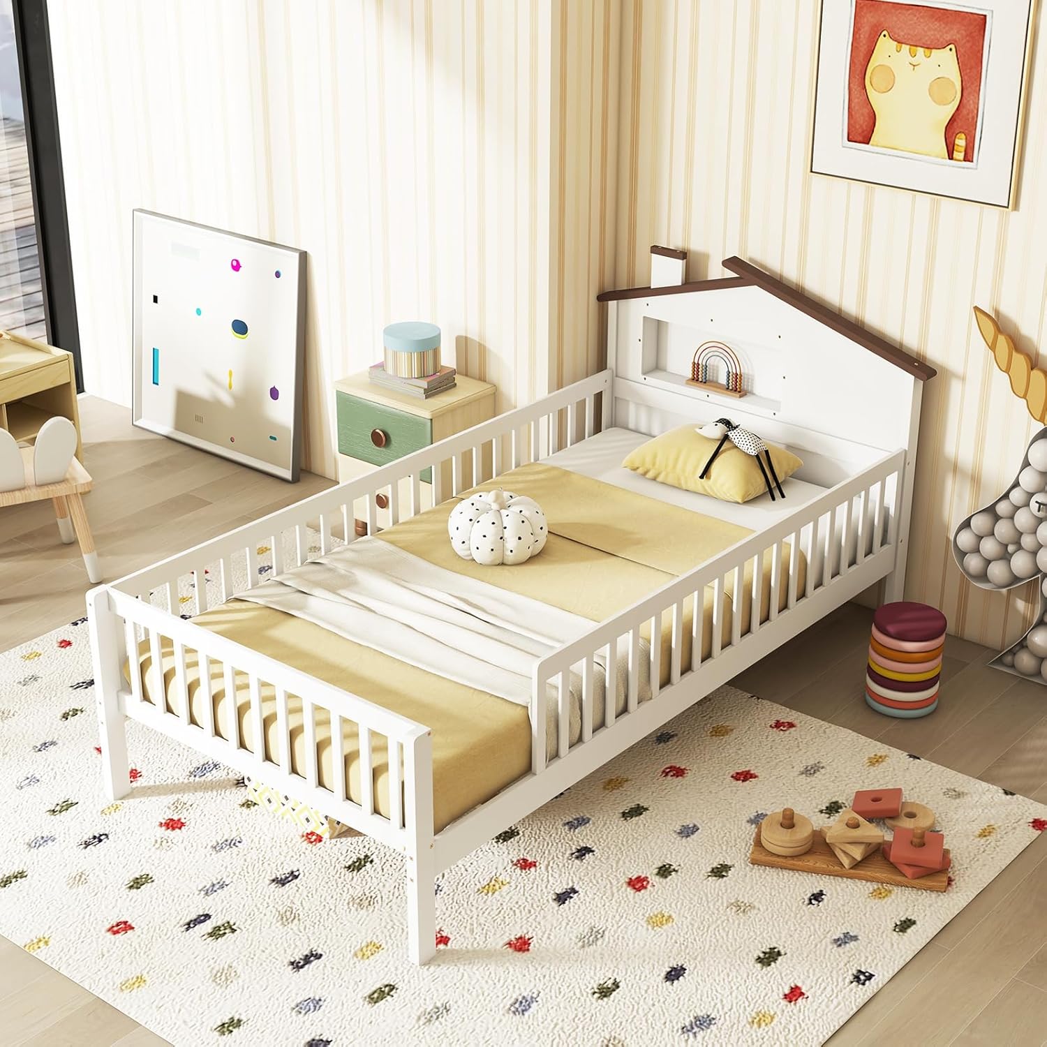 KOMFOTT Twin Bed Frame with Rails & House Shaped Headboard, Solid Wood Platform Bed with Safety Guardrails, Storage Cube & Under-Bed Storage, No Box Spring Needed, Twin Bed with Rails (White)