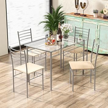 COSTWAY 5 Piece Dining Table Set, Kitchen Dining Set with Tempered Glass Table Top and 4 Chairs