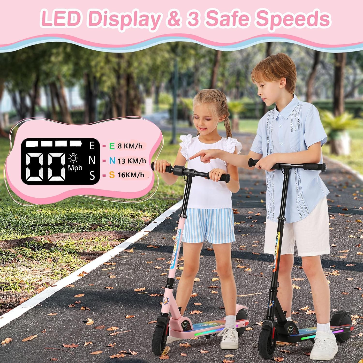 Caroma Elektroroller für Kinder von 6-12 Jahren, 150W Motor bis 16 km/h, 12km Reichweite E Scooter, Faltbarer E Roller mit Bunte Leuchten & LED-Display, Einstellbare Geschwindigkeit & Höhe