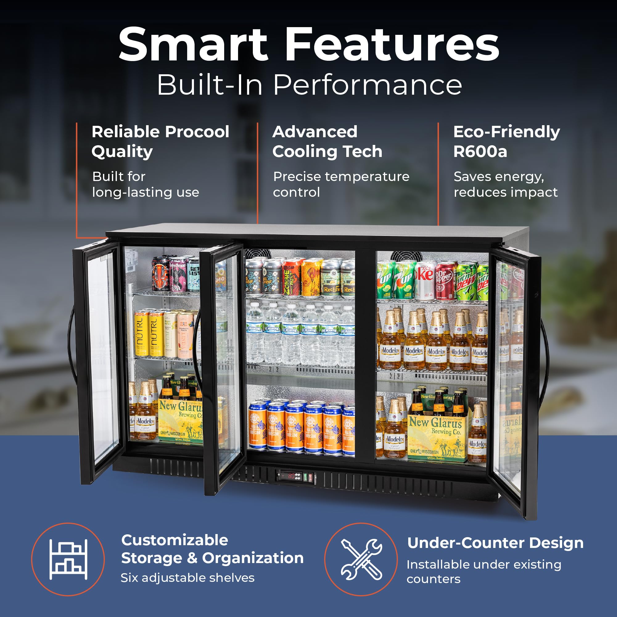 Procool 3-Door Undercounter Refrigerator - 33” Tall Energy Efficient Black Beverage Cooler With Glass Doors & White LED Lights - Residential Beverage Refrigerator For Entertaining Spaces & Home Bars on Fridge.com