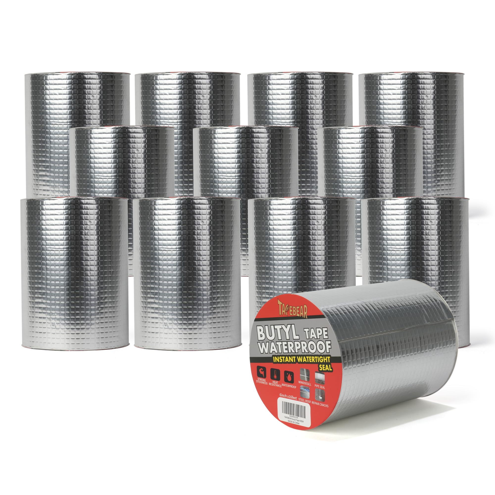 TAPEBEAR 12 Rollen Wasserdichtes Butylband 150mmx5m, Wasserdichtes Starkes Selbstklebendes DichtungsbäNder, Silber Aluminium Klebeband Zur Reparatur Für Dachleckage, Oberflächenriss, Fensterbankspalt