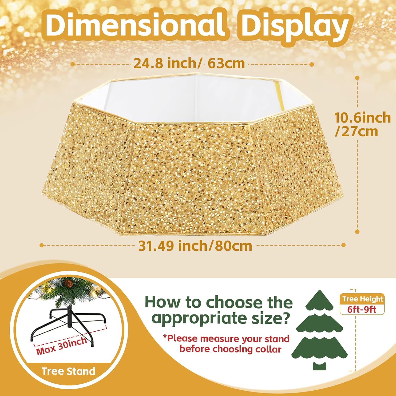 Gold Tree Collar for 9 ft Tree 31.49 Inch Shimmer Christmas Tree Ring Velvet Tree Skirt Cover for Xmas Pencil Tree Holiday Decor