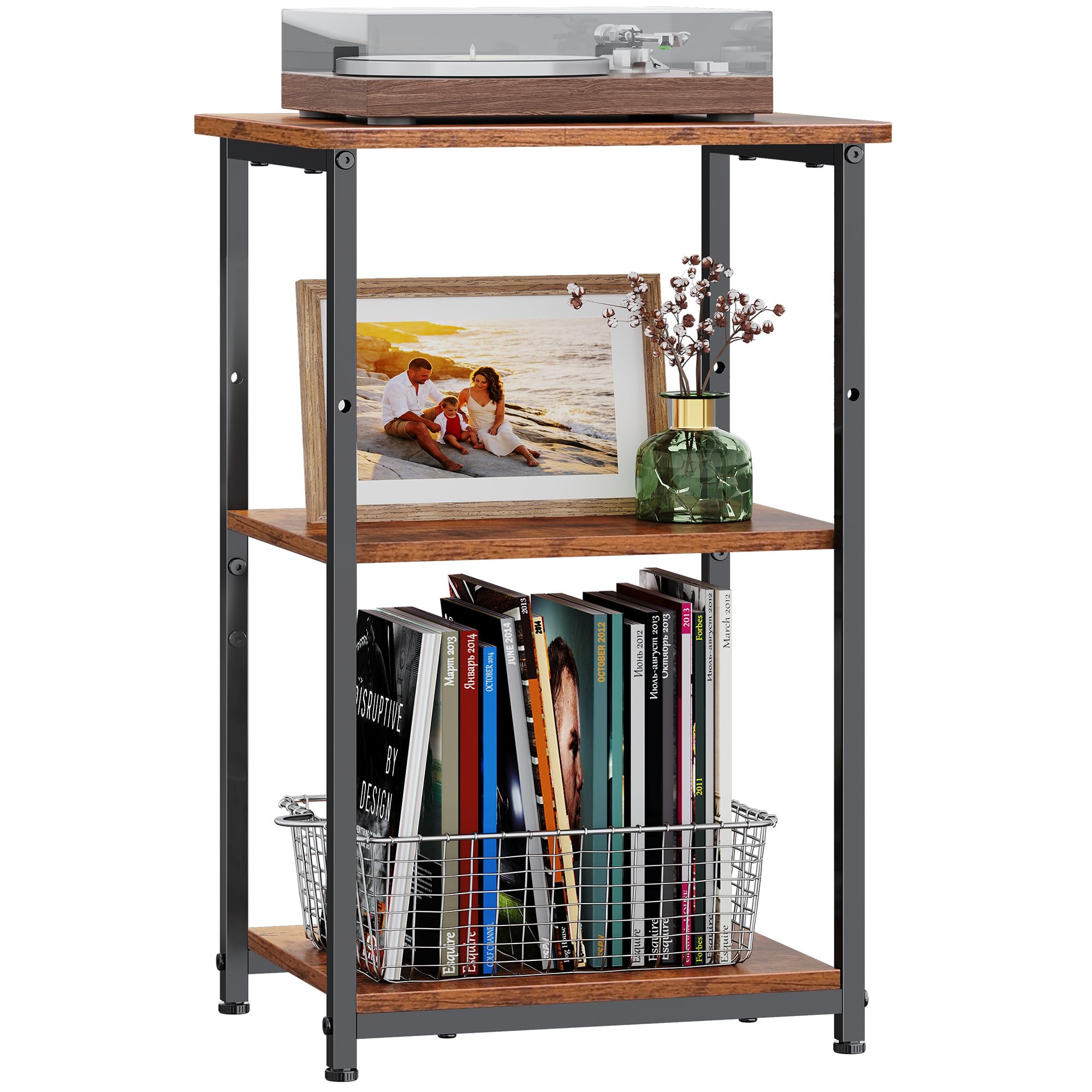 WLIVE Side Table, 3-Tier Small Table with Sturdy Steel Frame, Adjustable Feet, Top Shelf Holds up to 19kg, Bedside Table for Bedroom, End Table for Living Room, Office, Rustic Brown