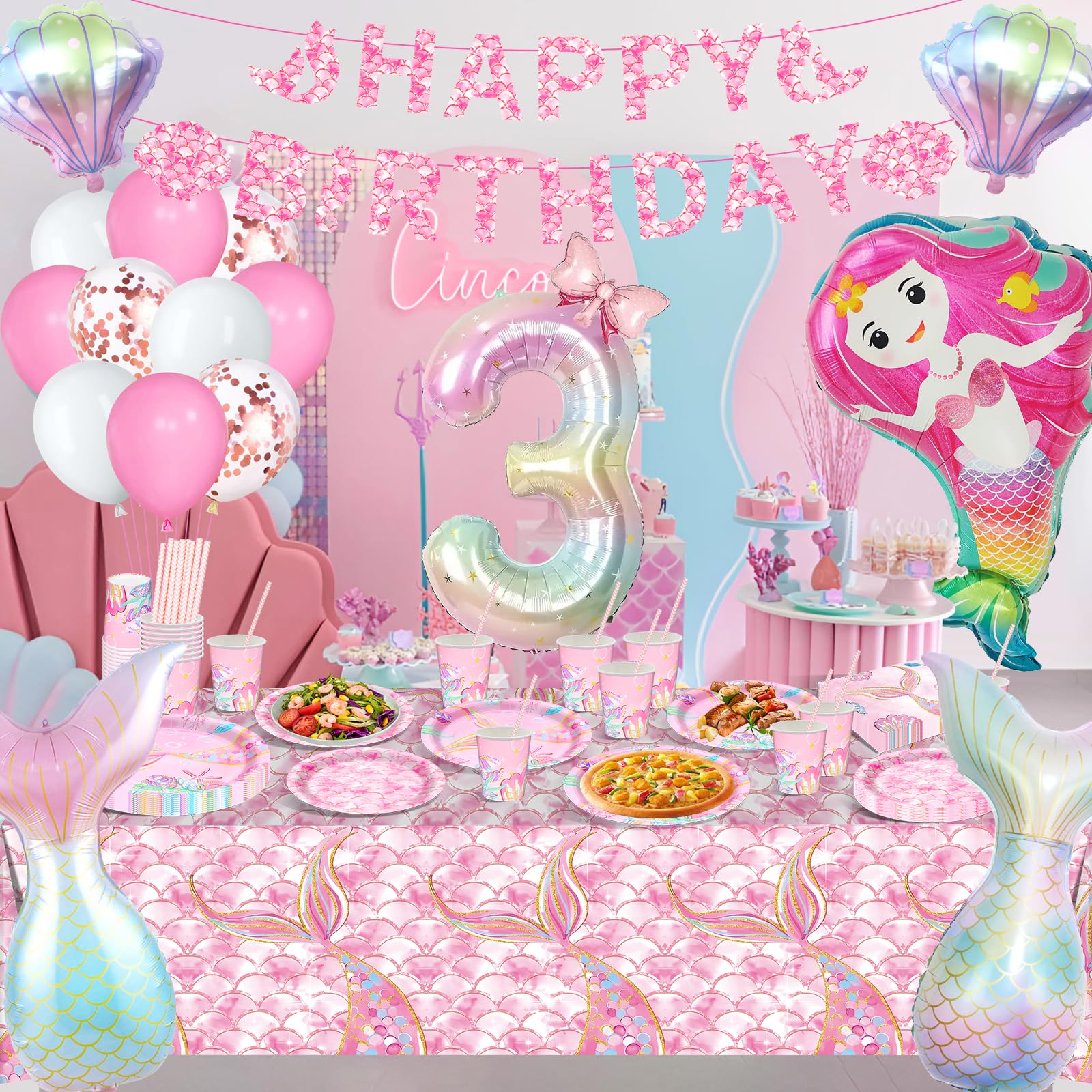 Kit De Decoración De Cumpleaños Temática Sirena Para Niñas 5 Años - Incluye Mantel, Platos, Vasos, Globos Y Más