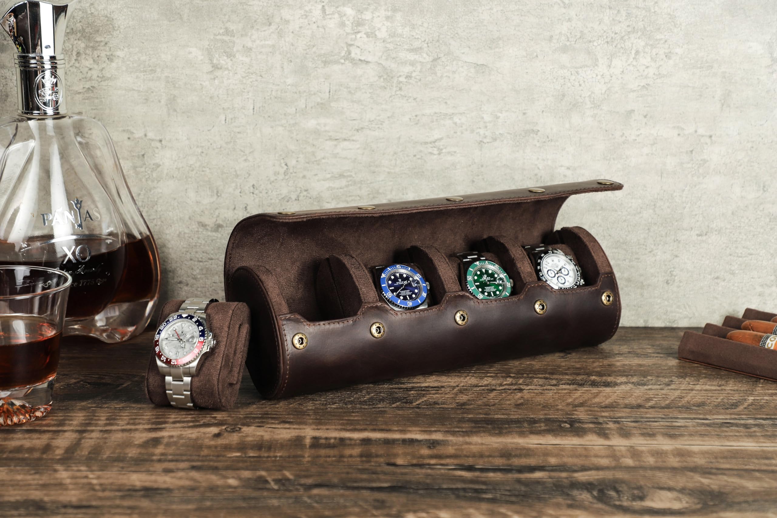 Porta Orologi Uomo, Scatola per Orologio Cilindrico a 4 Slot, Porta Orologi da Viaggio, Custodia Rotolo Portaorologi Portatile Scatola in Vera Pelle, Marrone