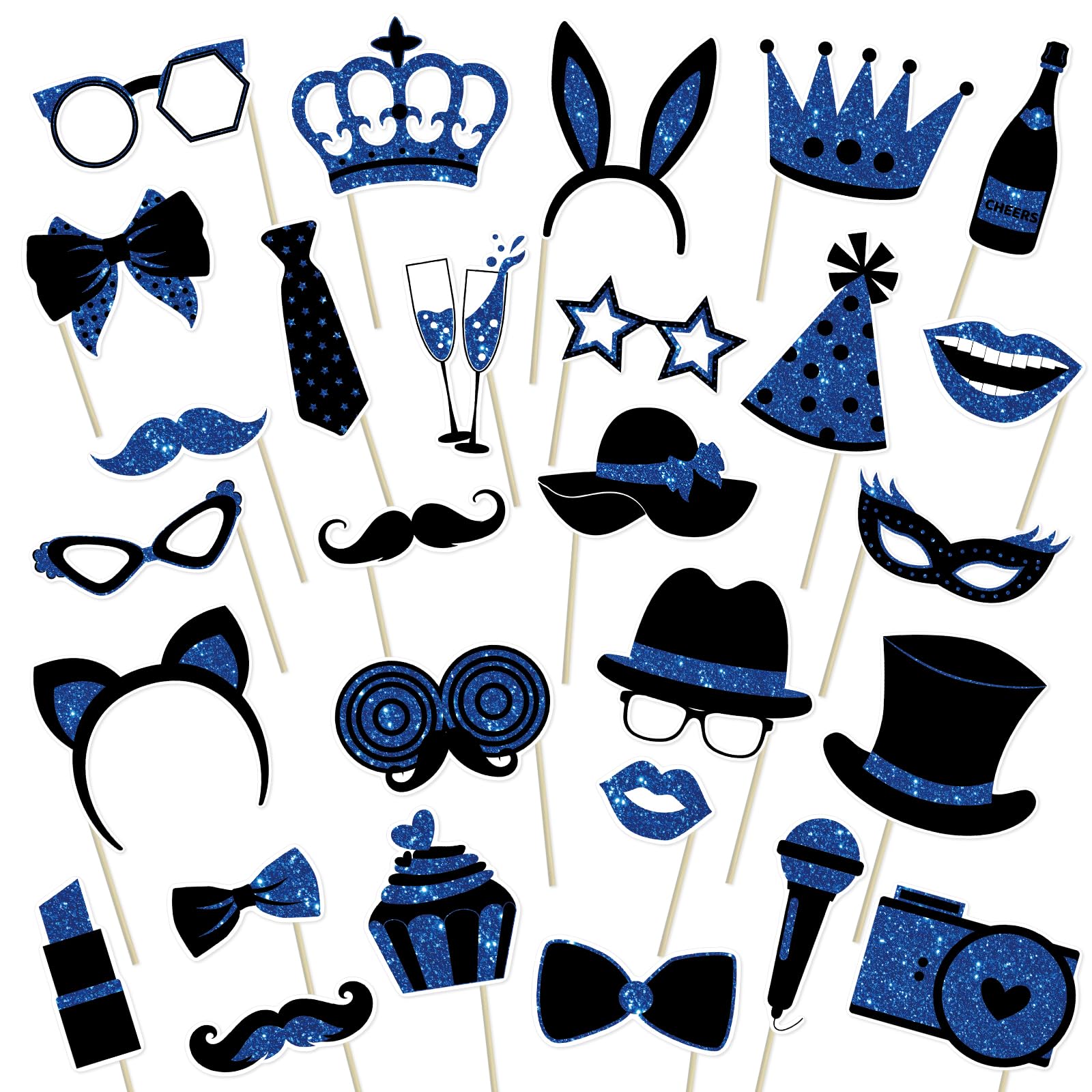 28 Pcs Photo Booth Props for Birthday, Weddings,Mardi Gras,Family Reunion,New Year,Valentines Day,Easter Decor Funny Selfie Props Masquerade Party Decorations (Blue and Black)