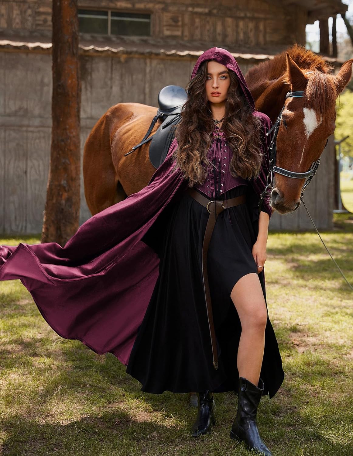 Scarlet Darkness Renaissance Velvet Hooded Cape Medieval Witch Cloak Hobbit Costume for Women Men - Image 4