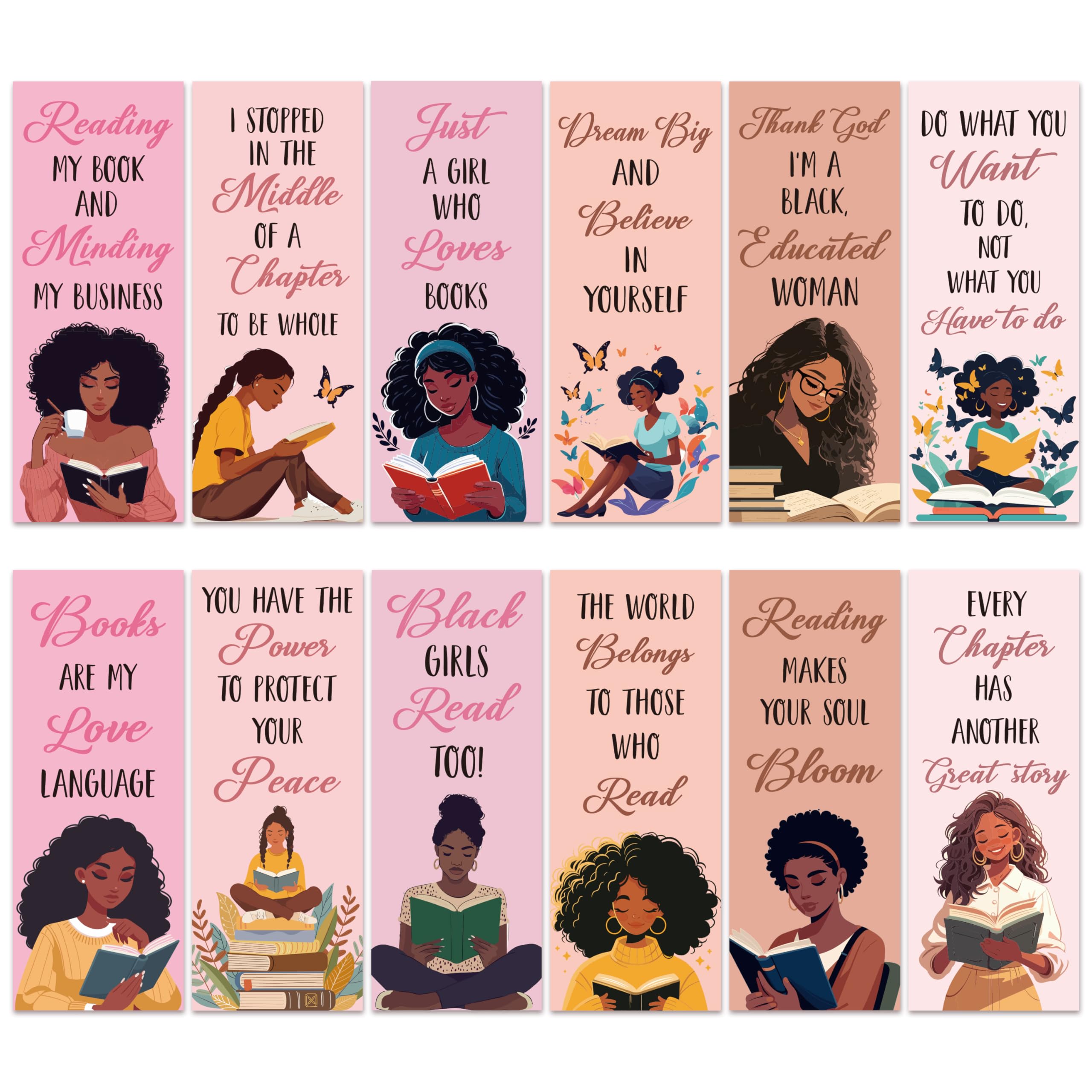 Laffact 120Pcs Book Tracker Bookmarks, Black Girls Themed Paper Bookmarks Bulk, 6.1”×2.4” Double-Sided Reading Page Marker, Black Woman Bookish Gifts