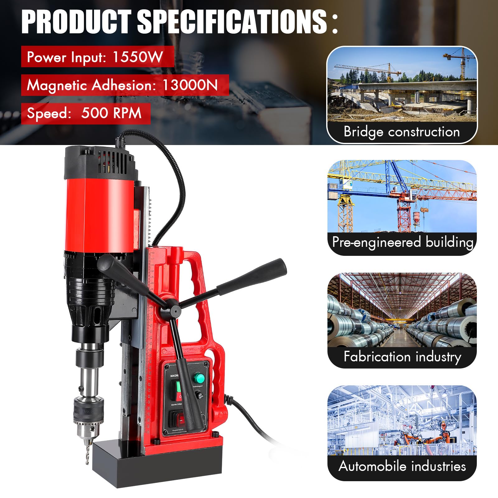 GARVEE Magnetic Drill Press, 1550W 500RPM Portable Mag Drill Press, 10-Speed Core Drilling Machine for Metal Working,3Pcs Drill Bits?Red