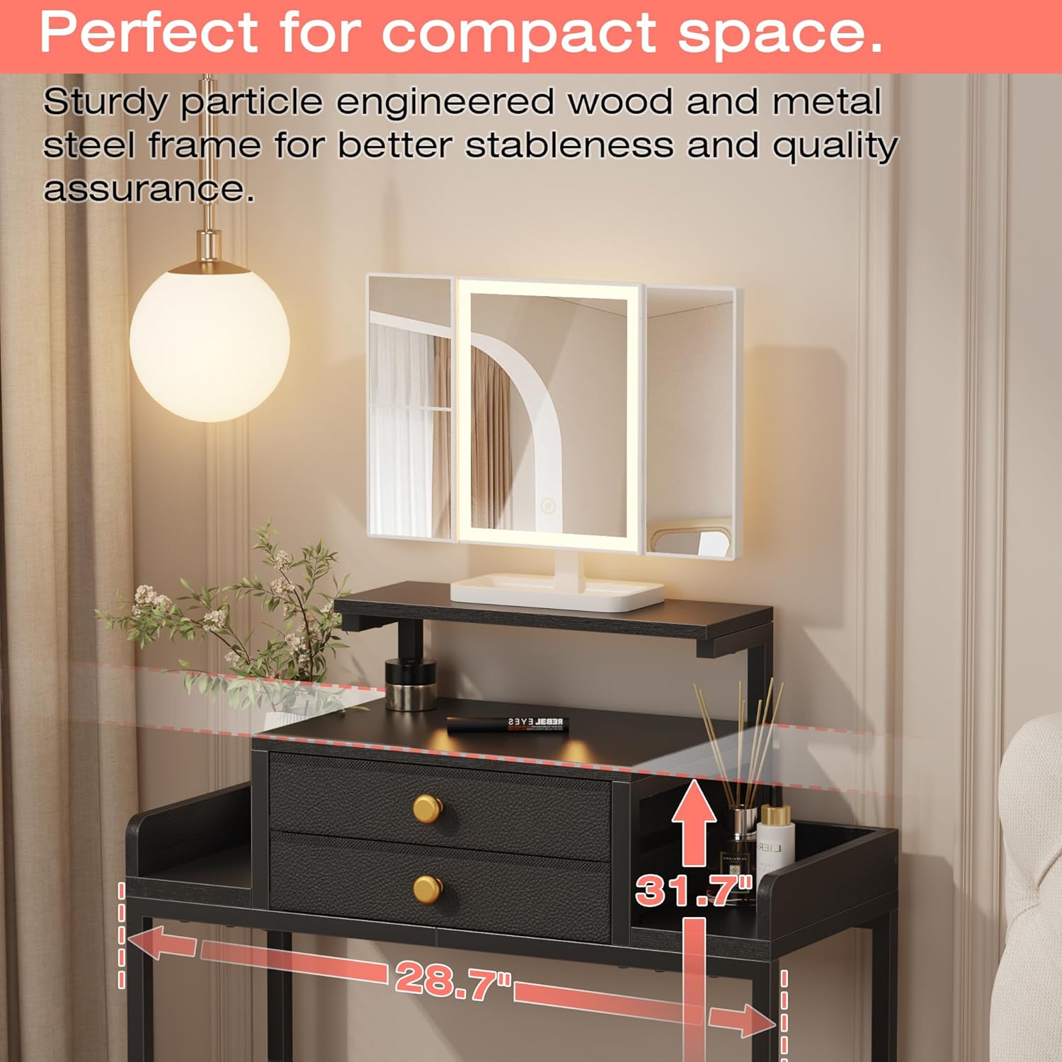 Vanity Desk with Mirror and Lights, 28.4''W Small Makeup Vanity Table with Height-Adjustable Stand, 2 Fabric Drawers Compact Makeup Desk, Gift for Girls, Bedroom Small Space, Black