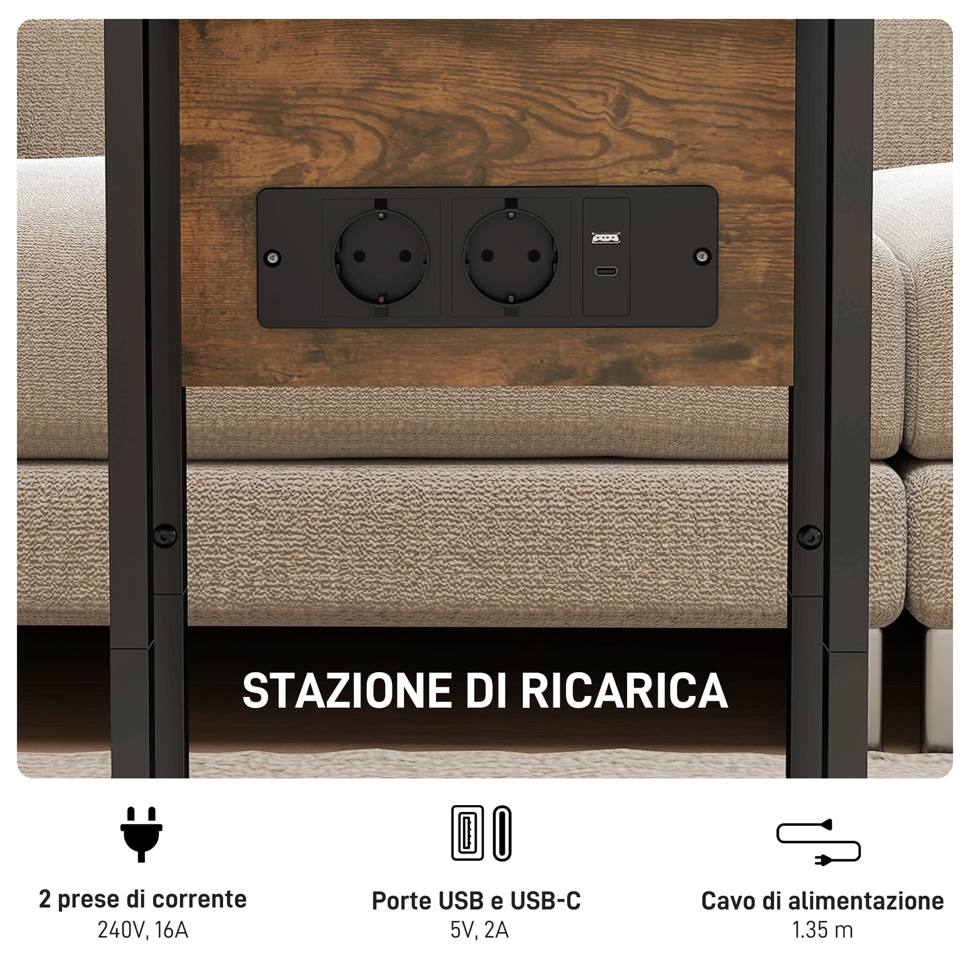HOMCOM Mesa Auxiliar con Encimera Plegable 39x29x57 cm Marrón Rústico | Mesa Auxiliar para Sofá, Estación de Carga, Forma de C, Puerto USB y USB-C, Salón y Dormitorio