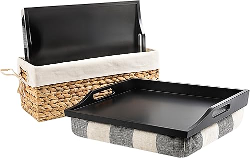 ROSSIE HOME Bandeja de madera para cama Juego de dos con cesta de almacenamiento de jacinto Buffalo Check Se adapta a portátiles de hasta 15.6
