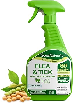 Flea and Tick Spray for Cats & Home Scentless Soybean Oil Cat Flea Spray for Home, No Essential Oils Kills Fleas, Ticks, Eggs & Larvae on Fur, Carpets, Bedding & Furniture 16oz