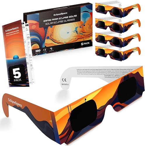 EclipseSpecs Gafas Eclipse Solar Homologadas, CE y EN ISO 12312-2 | EPI (UE) 2016/425 Cat. II | Protección UV/IR | Cumple 4/4 criterios OVAE | Adultos/Niños | Cartón | Packs 3/5/10/25