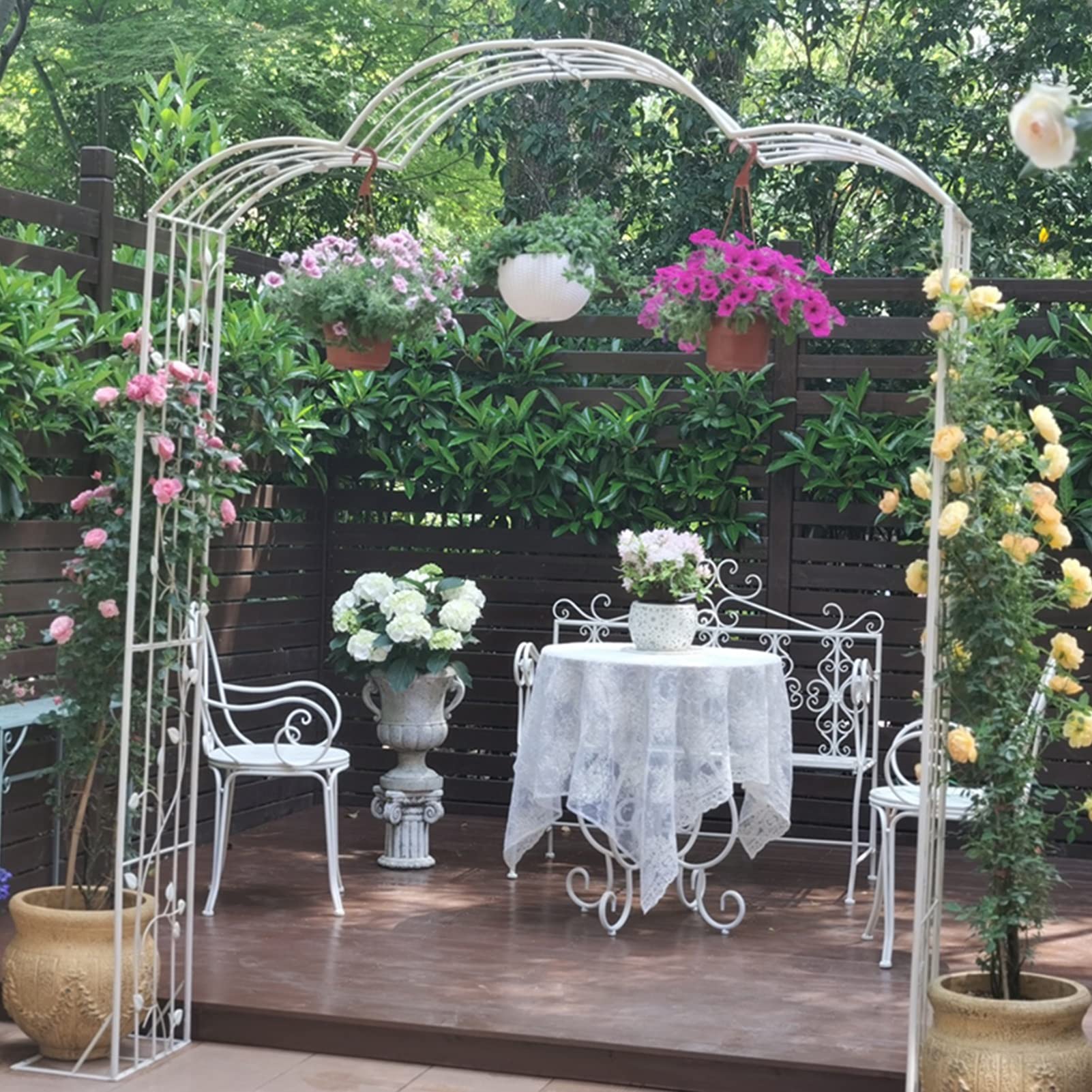 SDdPulse Arco da giardino, archi da giardino retrò alla moda, autoportante, in ferro battuto, piante rampicanti, pergolato, arco per rose da esterno, più resistente alle intemperie (bianco vintage