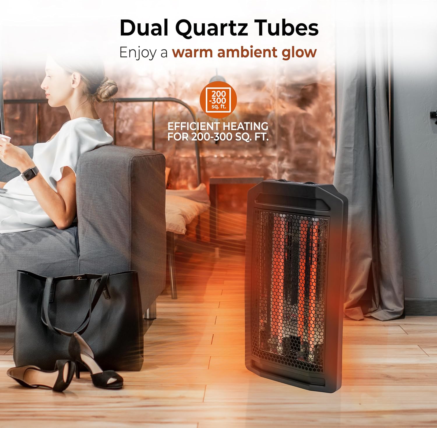 Comfort Zone Quartz Tower Space Heater, Portable Electric Heater with Infrared Heat, 2 Heat Settings, Adjustable Thermostat, Fan-Assisted Even Heat, Overheat & Tip-Over Protection, Black