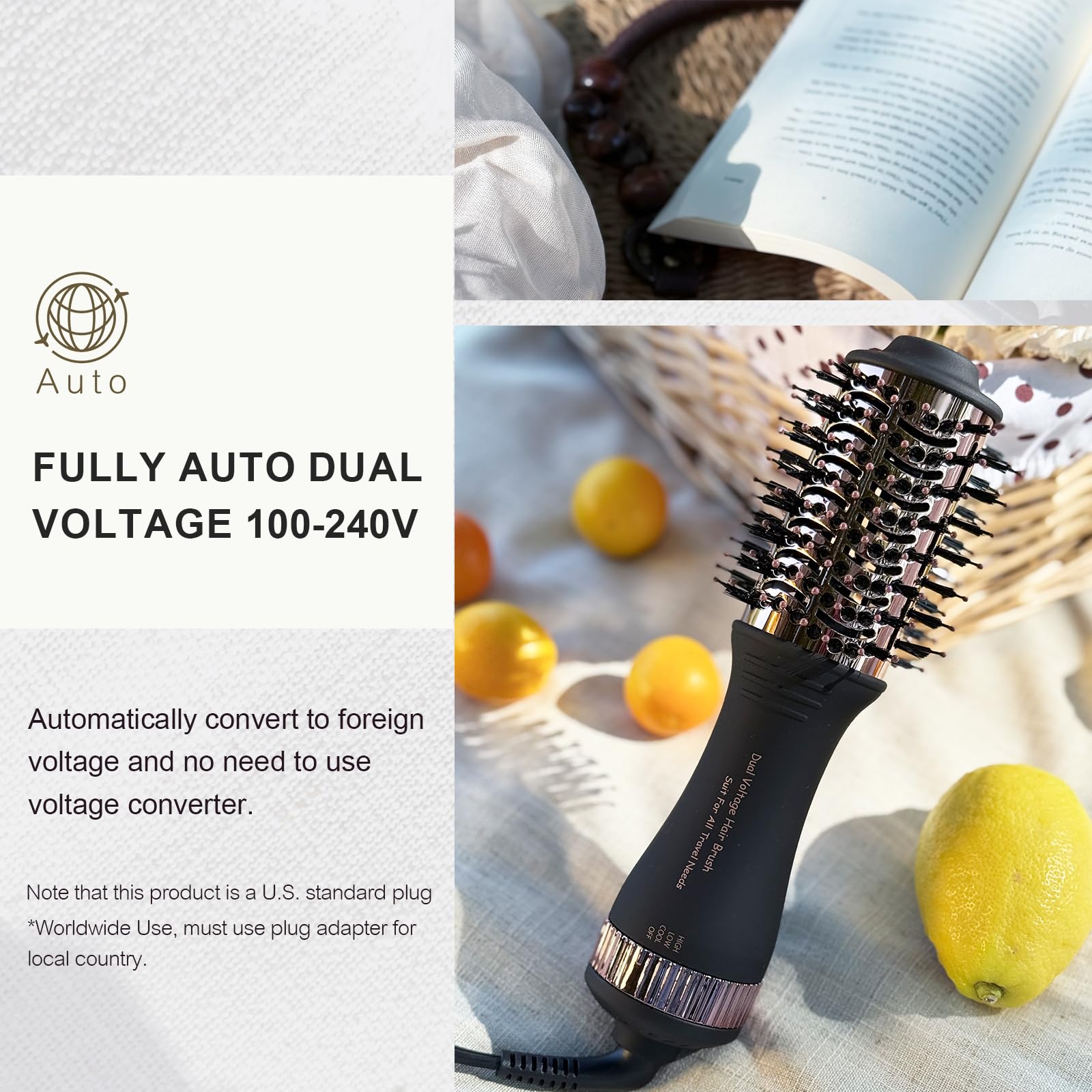 Cepillo secador de pelo de doble voltaje en uno, cepillo de aire caliente de forma ovalada de 2 pulgadas, herramientas de viaje para el cabello/voluminizador/alisador/rizador, cepillo europeo de