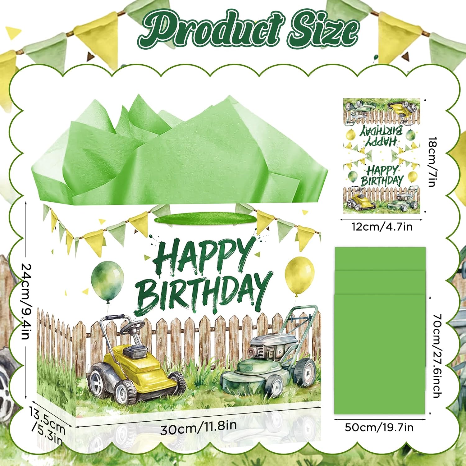 TagreSpike Lawn Mower Birthday Gift Bag for Boys with Tissue Paper & Card Green Tractor Yard Work Theme Gift Wrapping Bag - Cute Outdoor Landscaping Party Supplies for Toddler Son Grandson