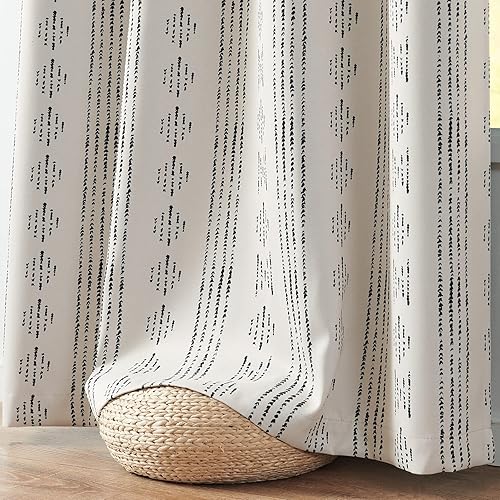 Miniatura 7 de jinchan Cortinas bohemias 100% opacas de 108 pulgadas de largo para dormitorio, estampado geométrico negro sobre beige, ojales en la parte superior,