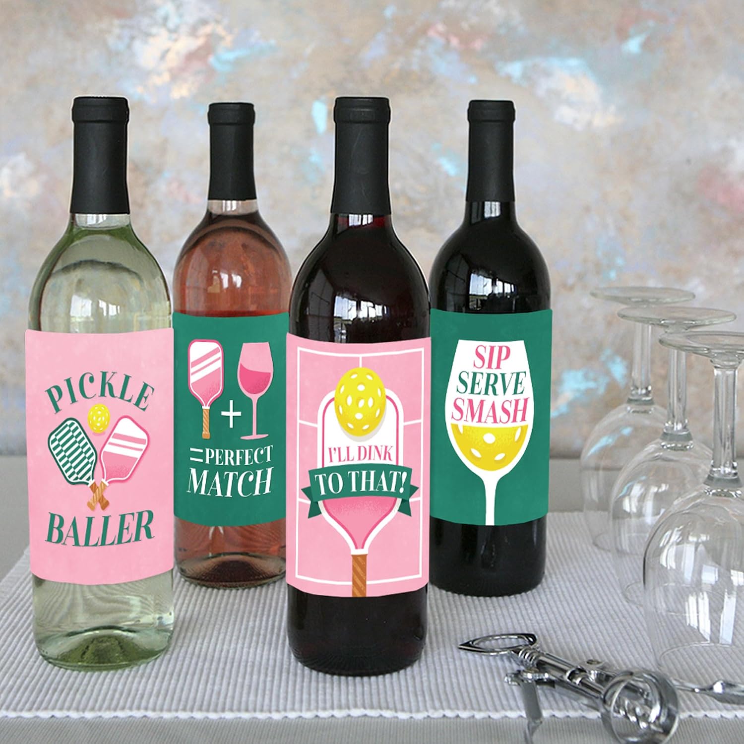 Big Dot of Happiness Pink Pickleball - Country Club Party Decorations for Women and Men - Wine Bottle Label Stickers - Set of 4