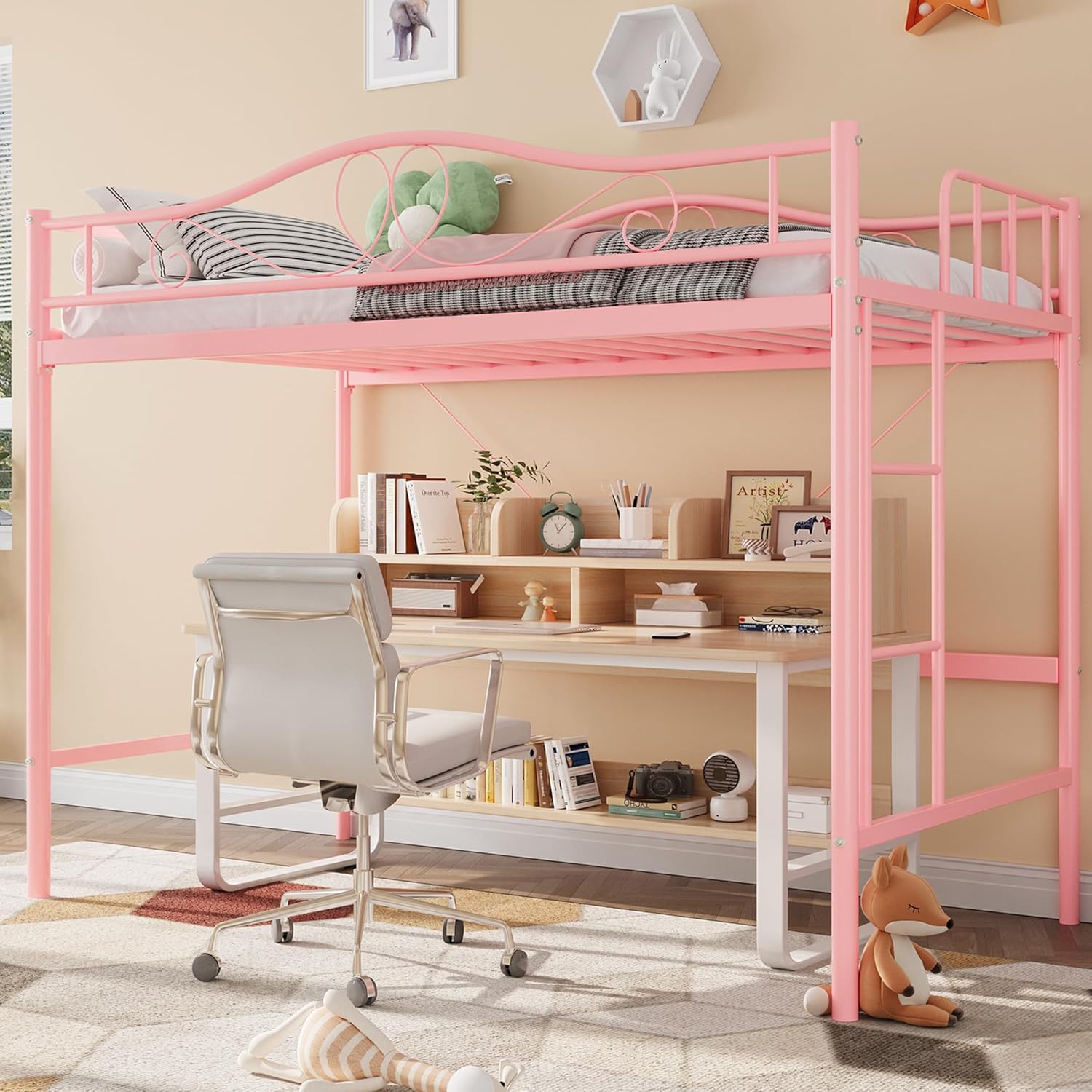Garvee Loft Bed Twin Size, 400 Lbs Heavy Duty Metal Twin Loft Bed with Ladder & Safety Guardrail, Space-Saving, Noise Free, No Box Spring Needed, Easy Assembly, Pink