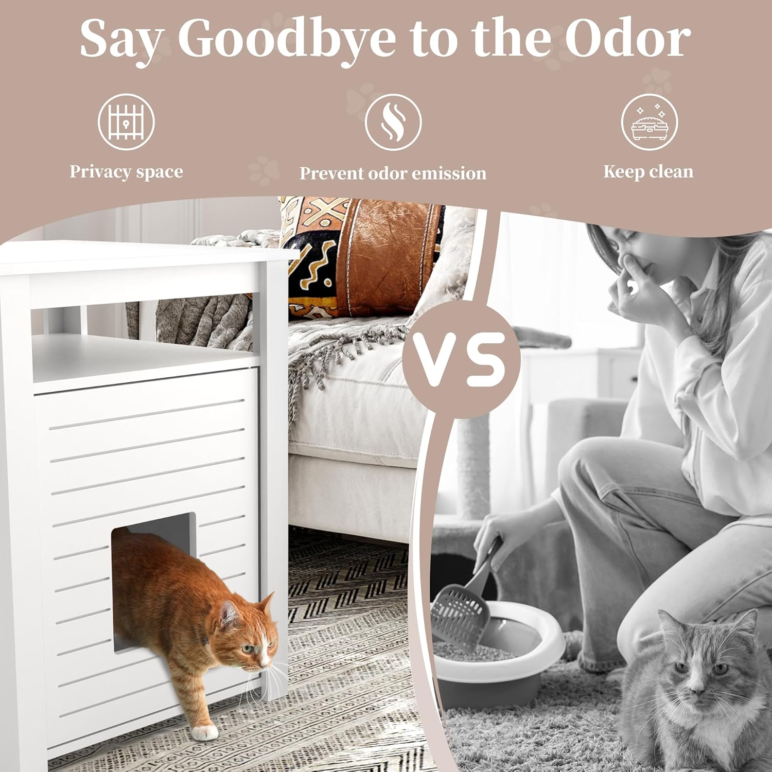 Hidden Cat Litter Box Furniture, Indoor Cat House Wooden House Nightstand Pet Hideout Cats Caves for Indoor White Enclosed Litter Box Cabinet with Ventilation and Viewing Window
