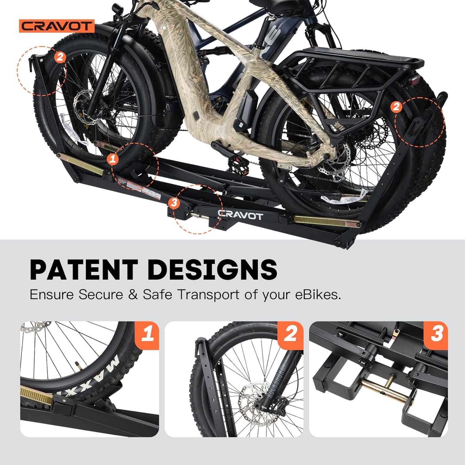 CRAVOT 2 Ebike Rack, Electric Bike Carrier, Tire Clamp E-Bike Rack Haul Ebikes with 2 Arms Lock, 200lbs Capacity Fits Max 5" Tire Bicycle, for Car, SUV, Van with 2" Receiver, MagRack X2 MAX