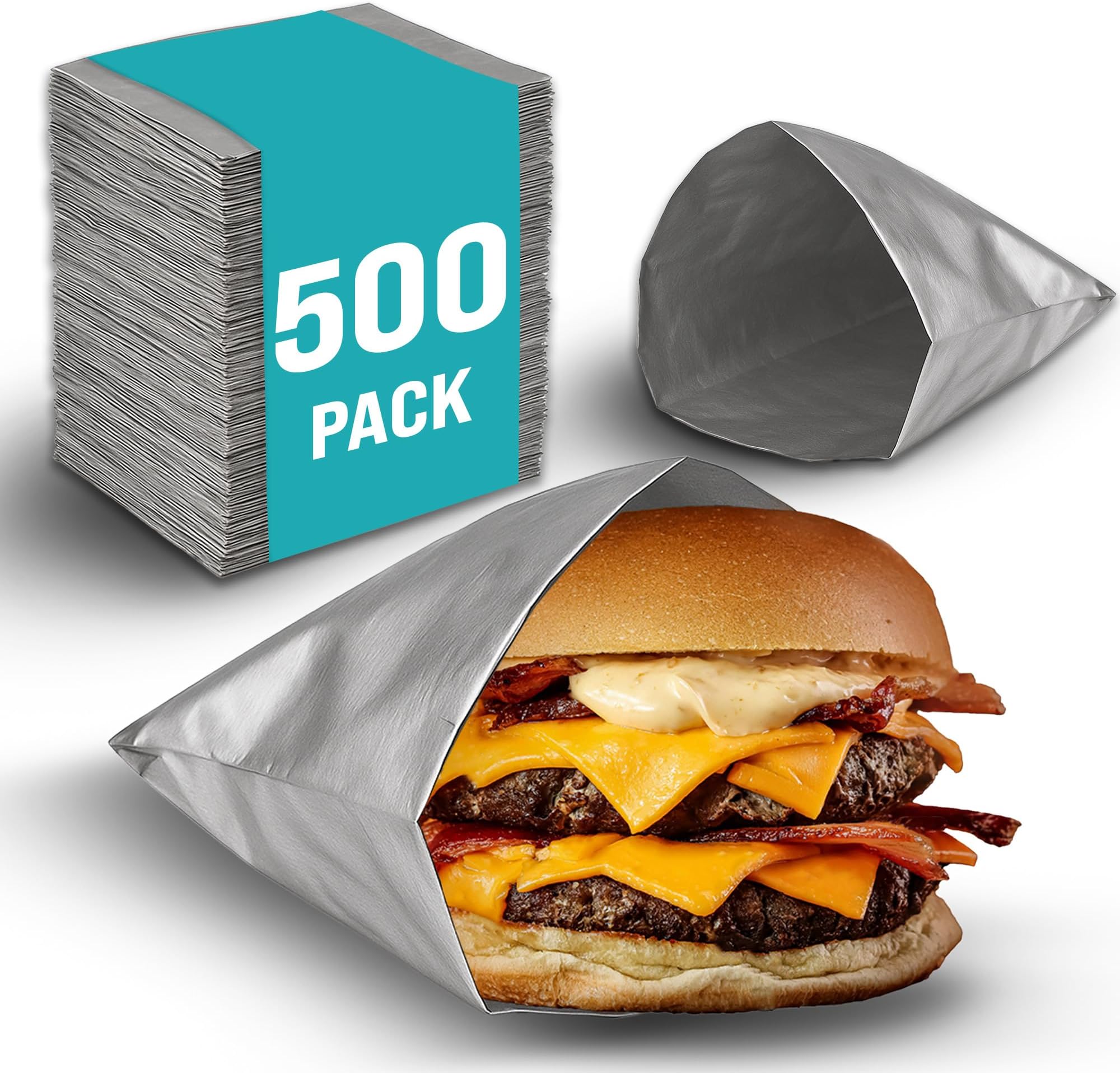 500 Pack Aluminum Foil Hamburger Bags – Grease-Resistant Burger Wrappers for Hot Sandwiches, Paninis, BBQ, Pretzels & More – BPA-Free, Disposable Takeout Food Sleeves by C&S Event Supply Co.