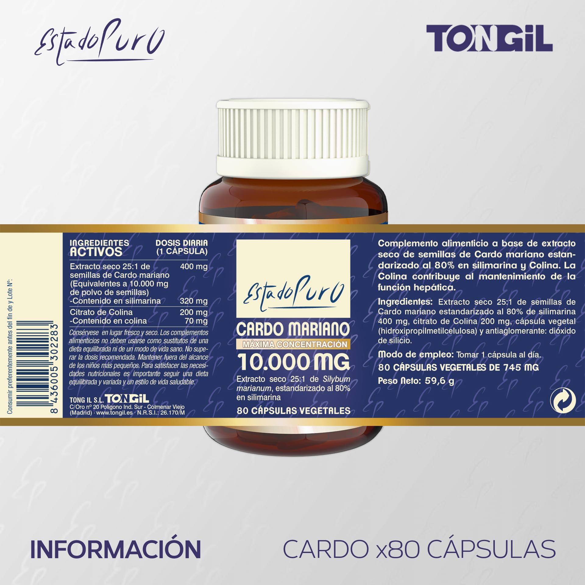 Cardo Mariano Estado Puro 10000 mg | Extracto de Semillas Concentrado 25:1 con 80% Silimarina y Colina | Apoyo para el Hígado, Limpieza y Detox | 80 Cápsulas de Tongil