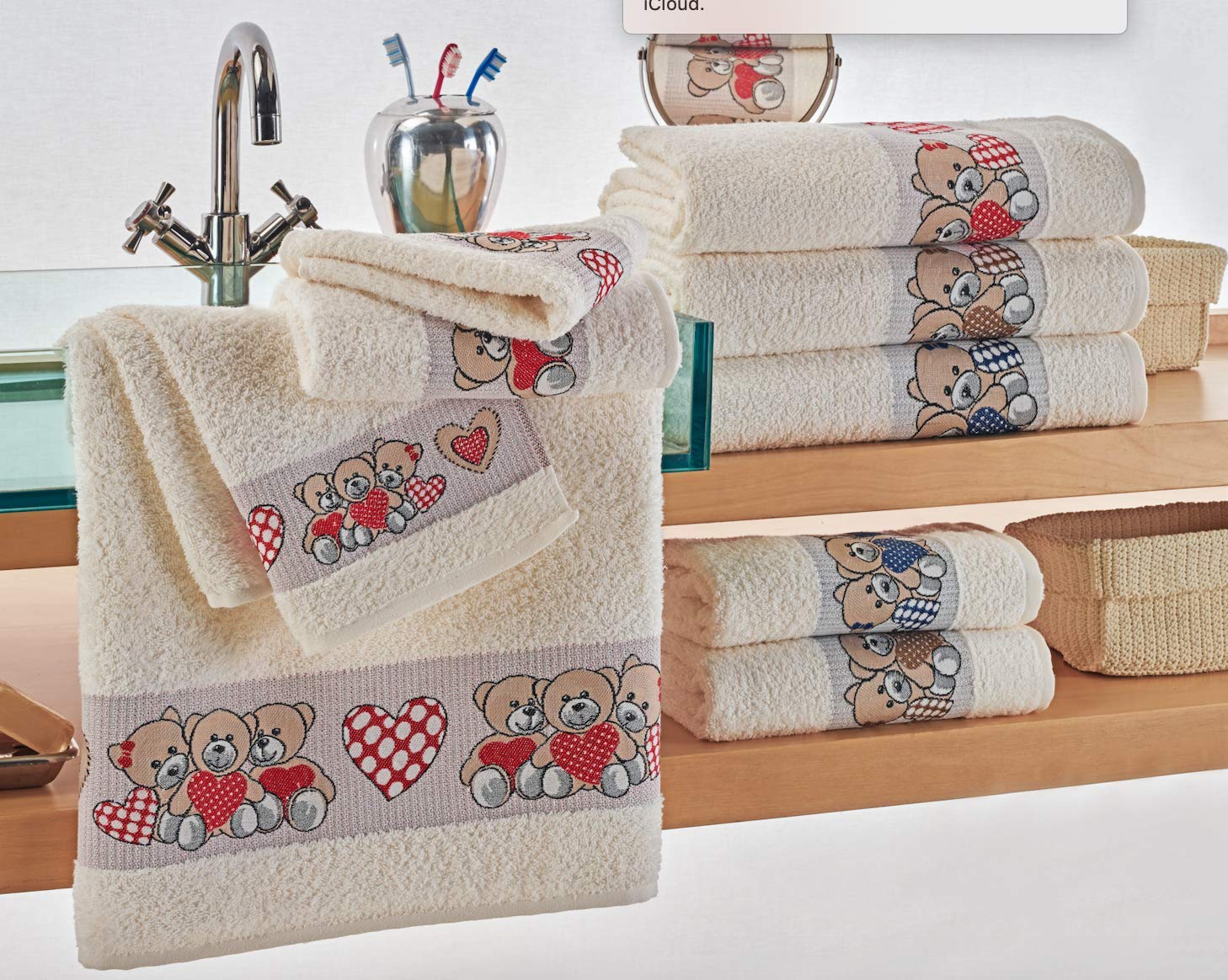 ITALYSWEETHOME SALVIETTE Set Viso OSPITE Telo Doccia Spugna 100% Cotone Cuore Orsetto Made in Italy (Beige)