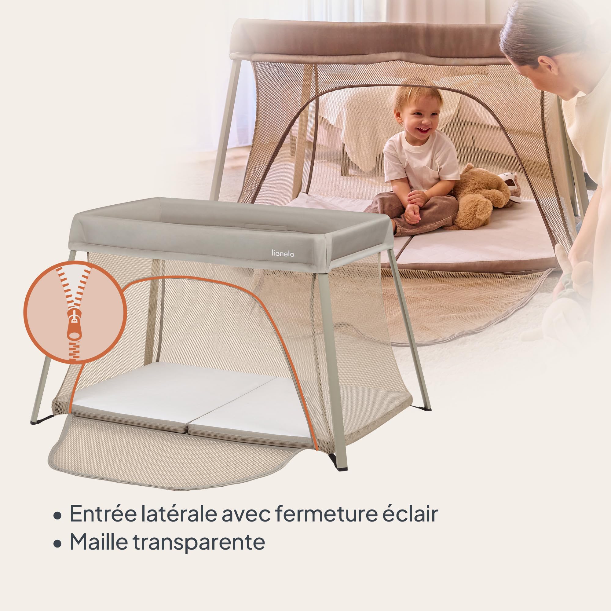 lionelo Lit de Voyage Bébé Parc Enfant 3en1 Alice de 0 à 15 kg Matelas en Mousse, 2 Niveaux de Hauteur, Pliable, Petit, Léger, Entrée Latérale, Sac de Voyage (Beige)