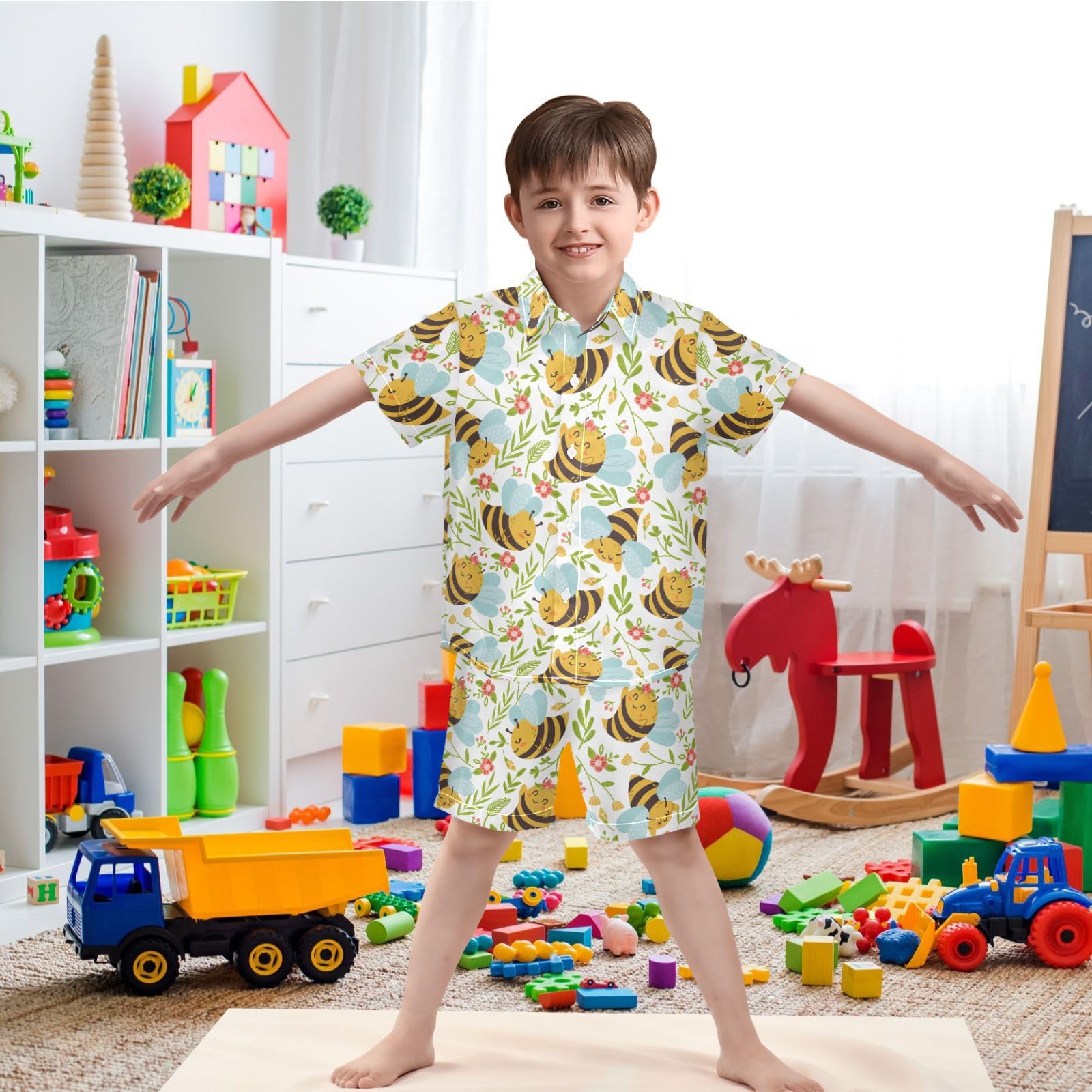 visesunny Toddler Boys 2 Piece Outfit Button Down Shirt and Short Sets Honey Bee Kids Seamless Pattern Cute Bumble Bee Boy Summer Outfits for Infant Baby Children Kids 3T